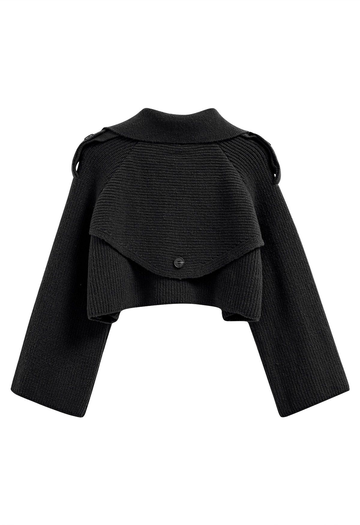 Flap Collar Knitted Crop Cardigan in Black