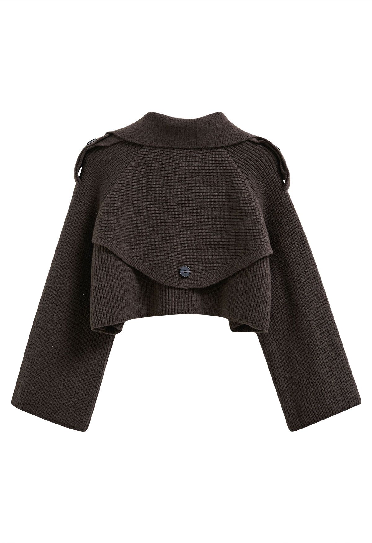 Flap Collar Knitted Crop Cardigan in Brown