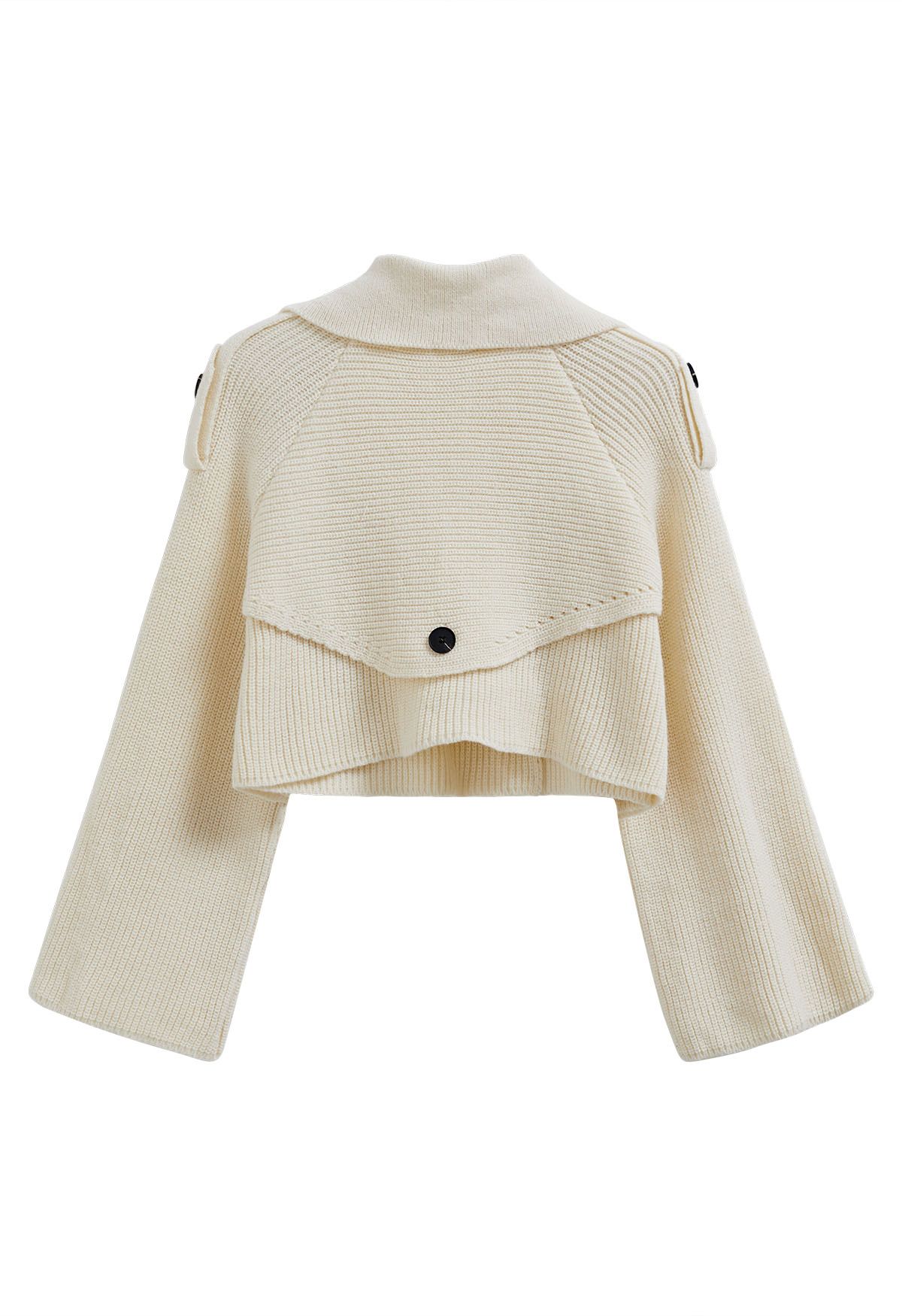 Flap Collar Knitted Crop Cardigan in Cream