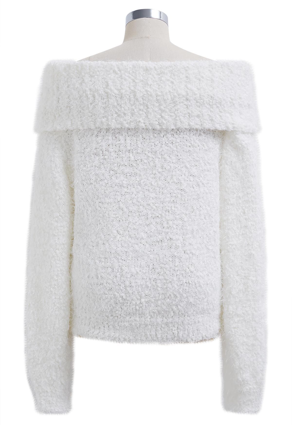 Folded Off-Shoulder Fuzzy Knit Sweater in White