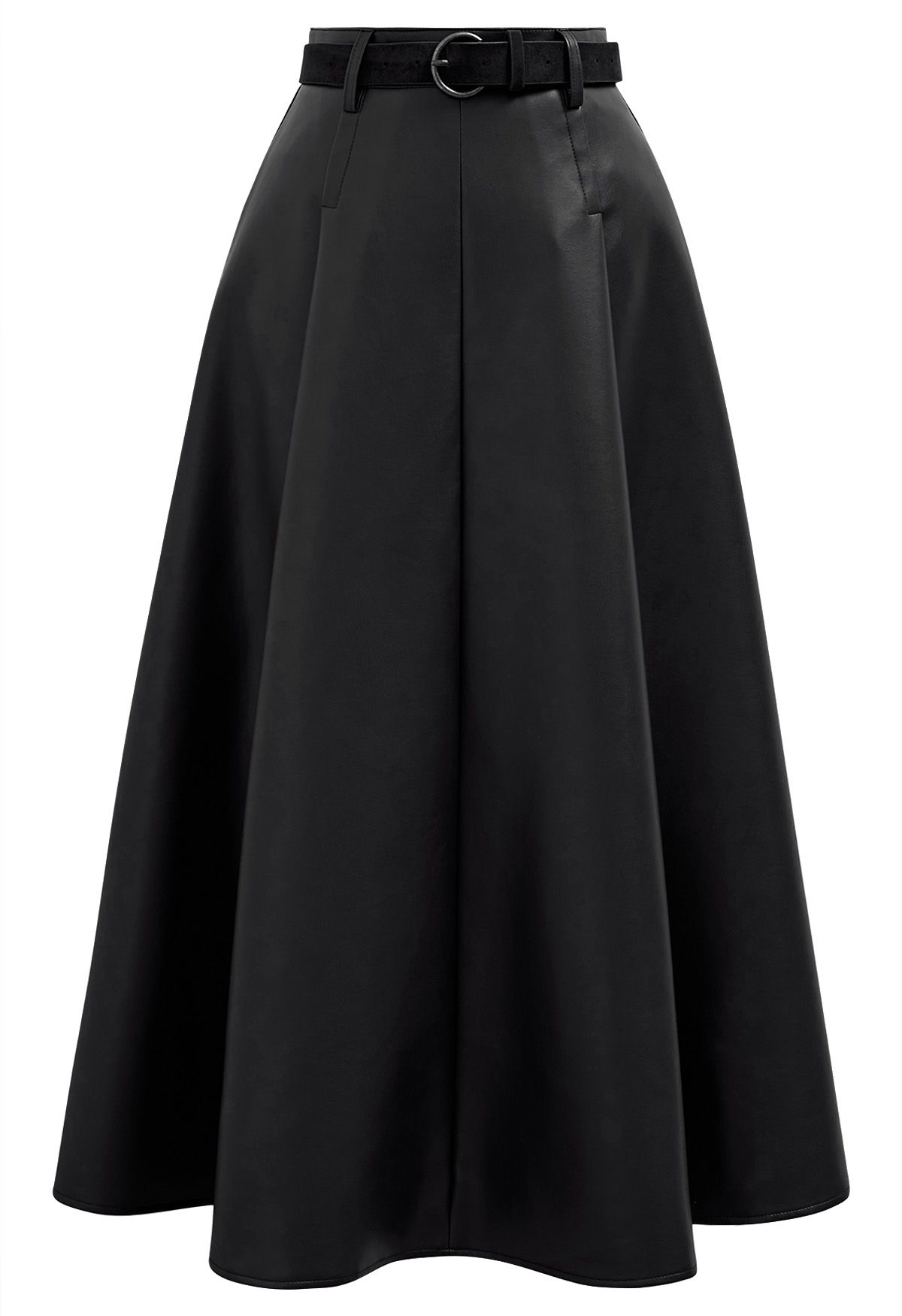 Faux Leather Belted A-Line Maxi Skirt in Black