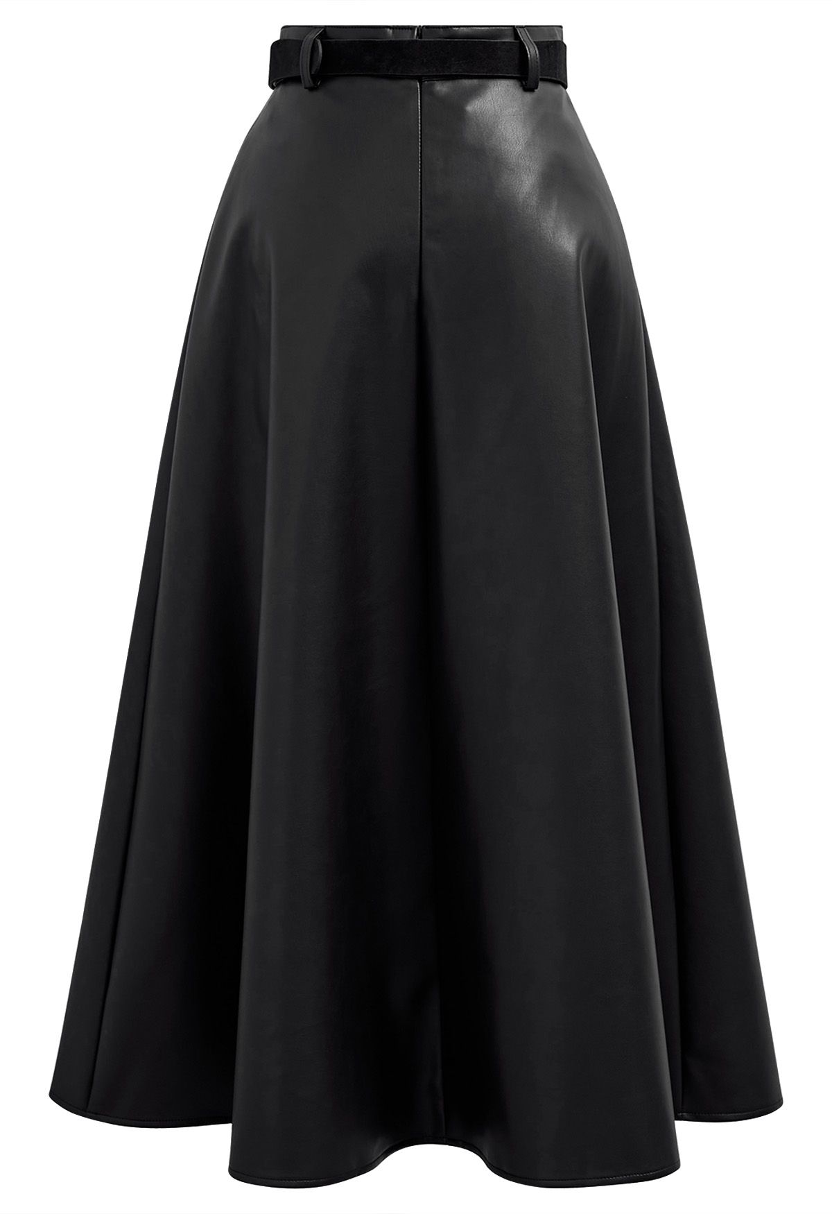 Faux Leather Belted A-Line Maxi Skirt in Black