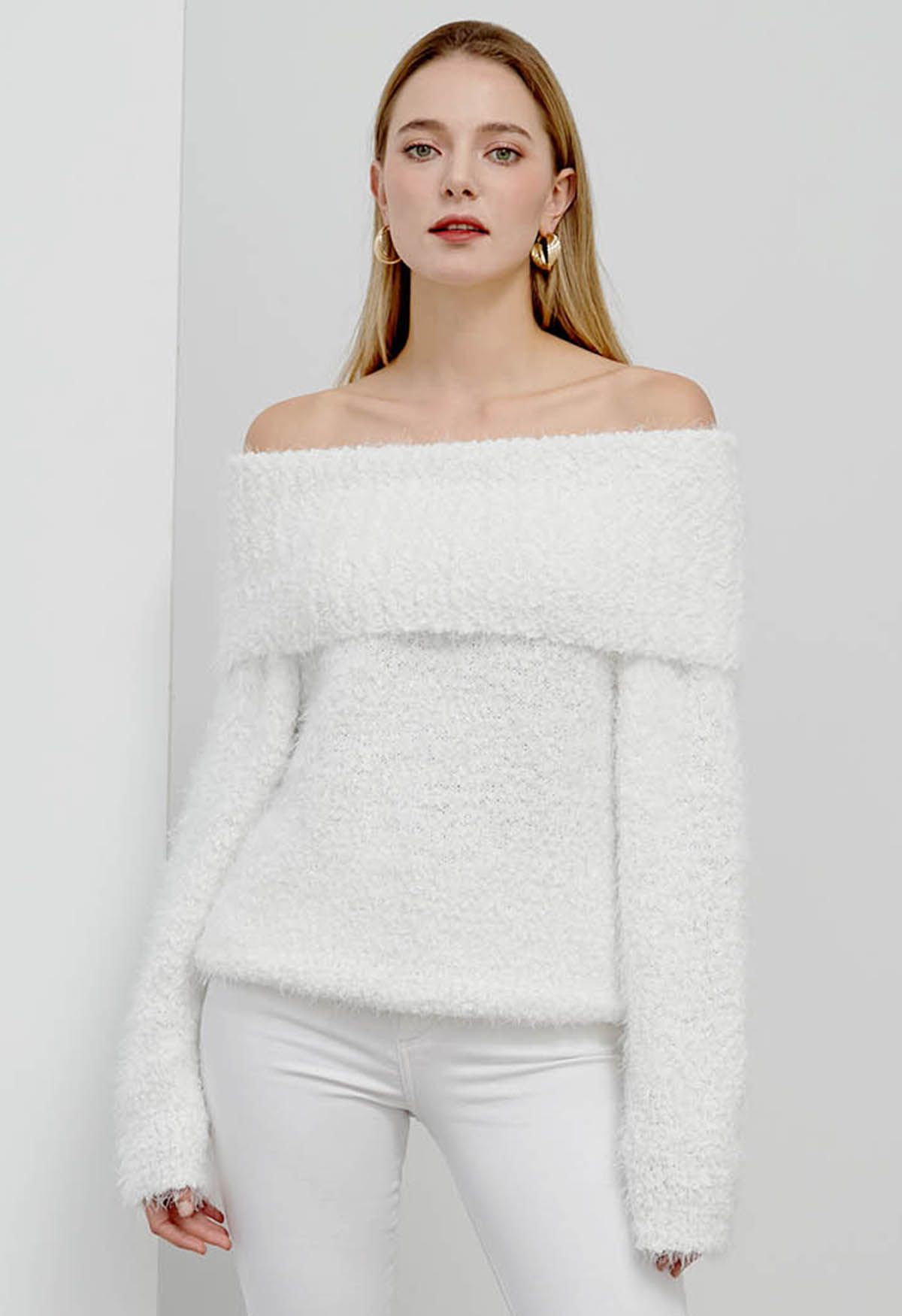 Folded Off-Shoulder Fuzzy Knit Sweater in White - Retro, Indie and 
