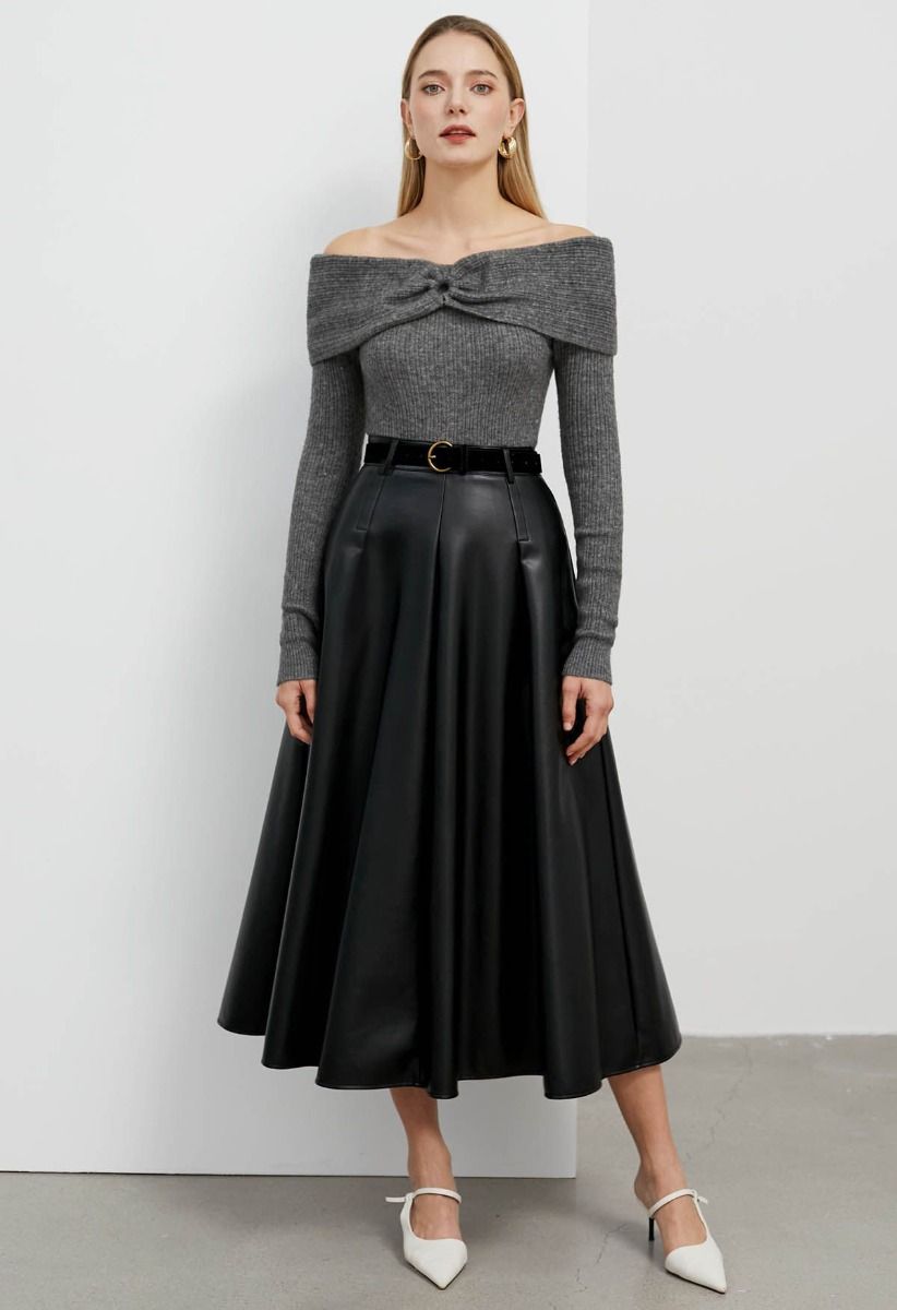 Faux Leather Belted A-Line Maxi Skirt in Black