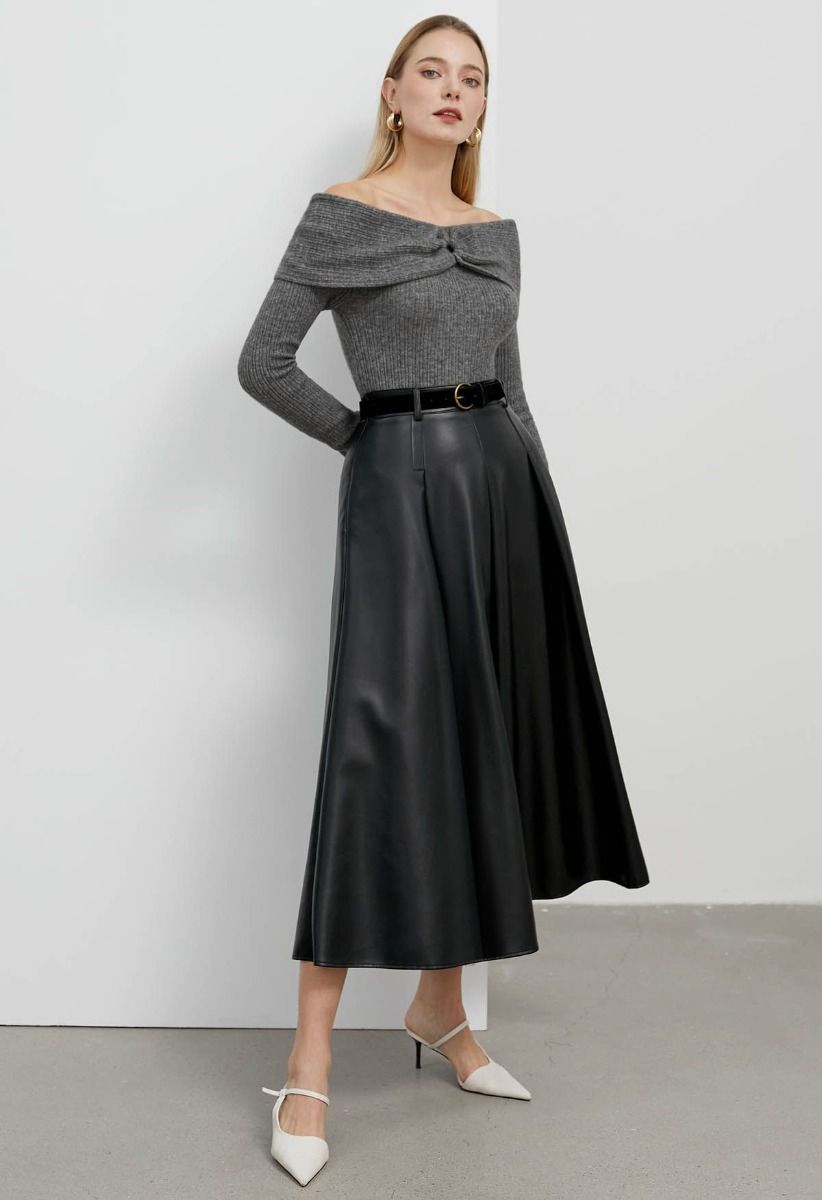 Faux Leather Belted A-Line Maxi Skirt in Black