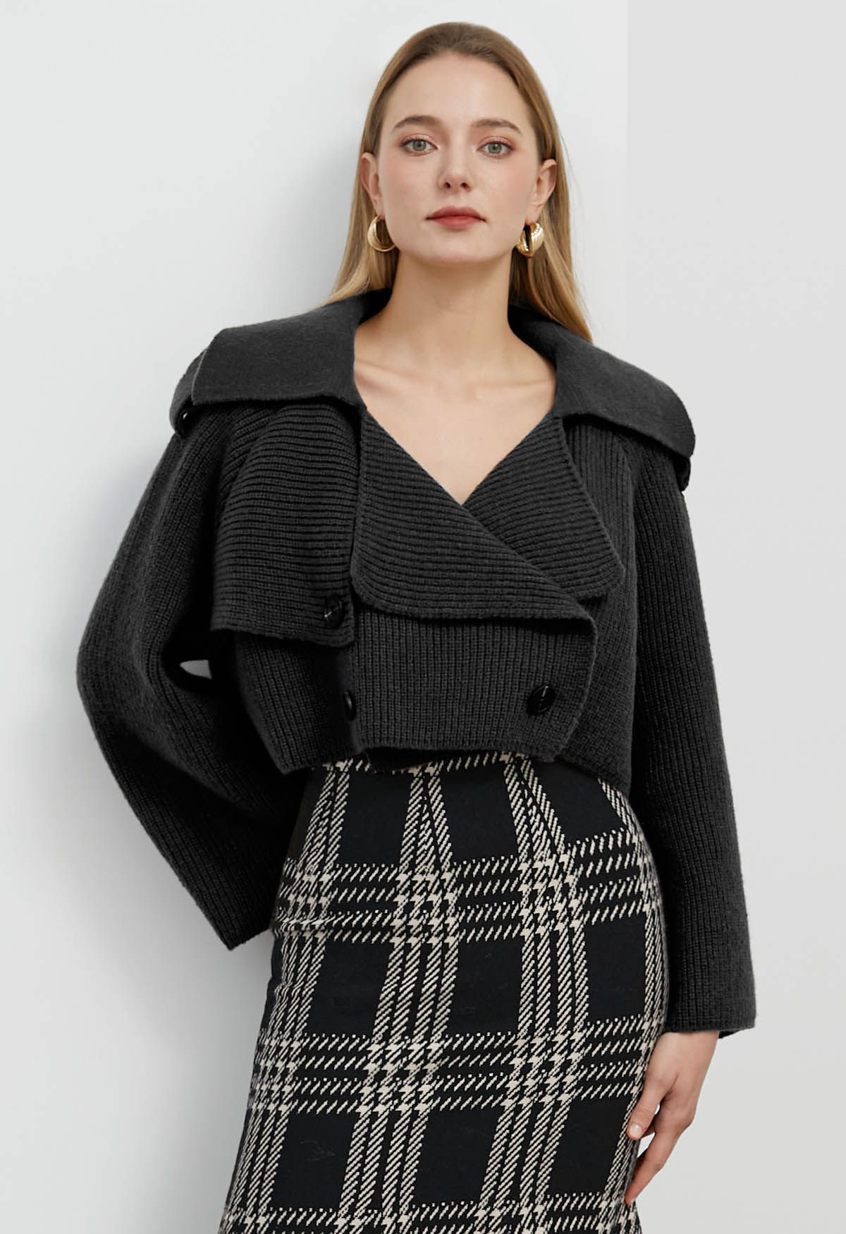 Flap Collar Knitted Crop Cardigan in Black