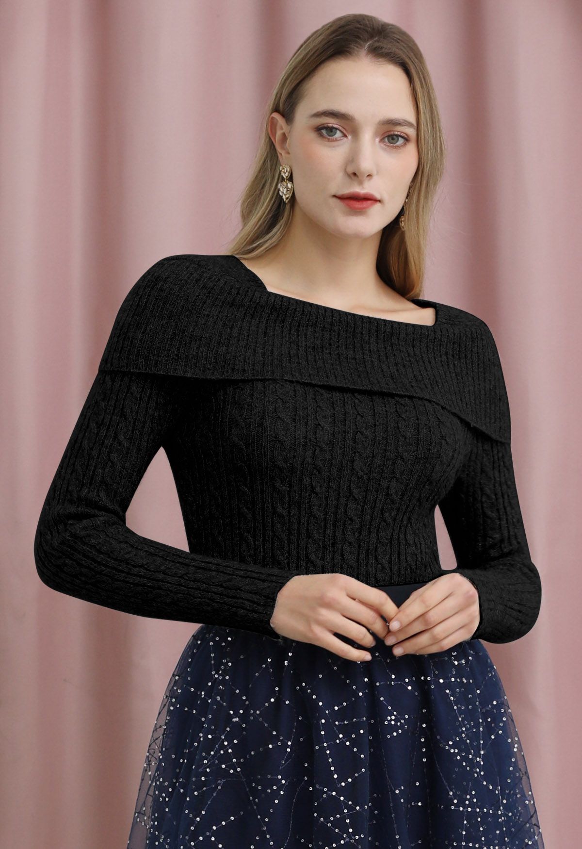 Folded Shoulder Cable Knit Top in Black