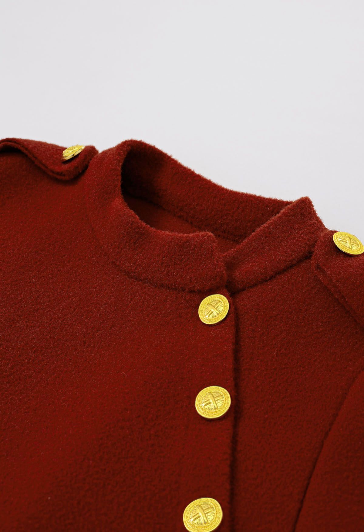 Golden Button Belted Cape Coat in Red