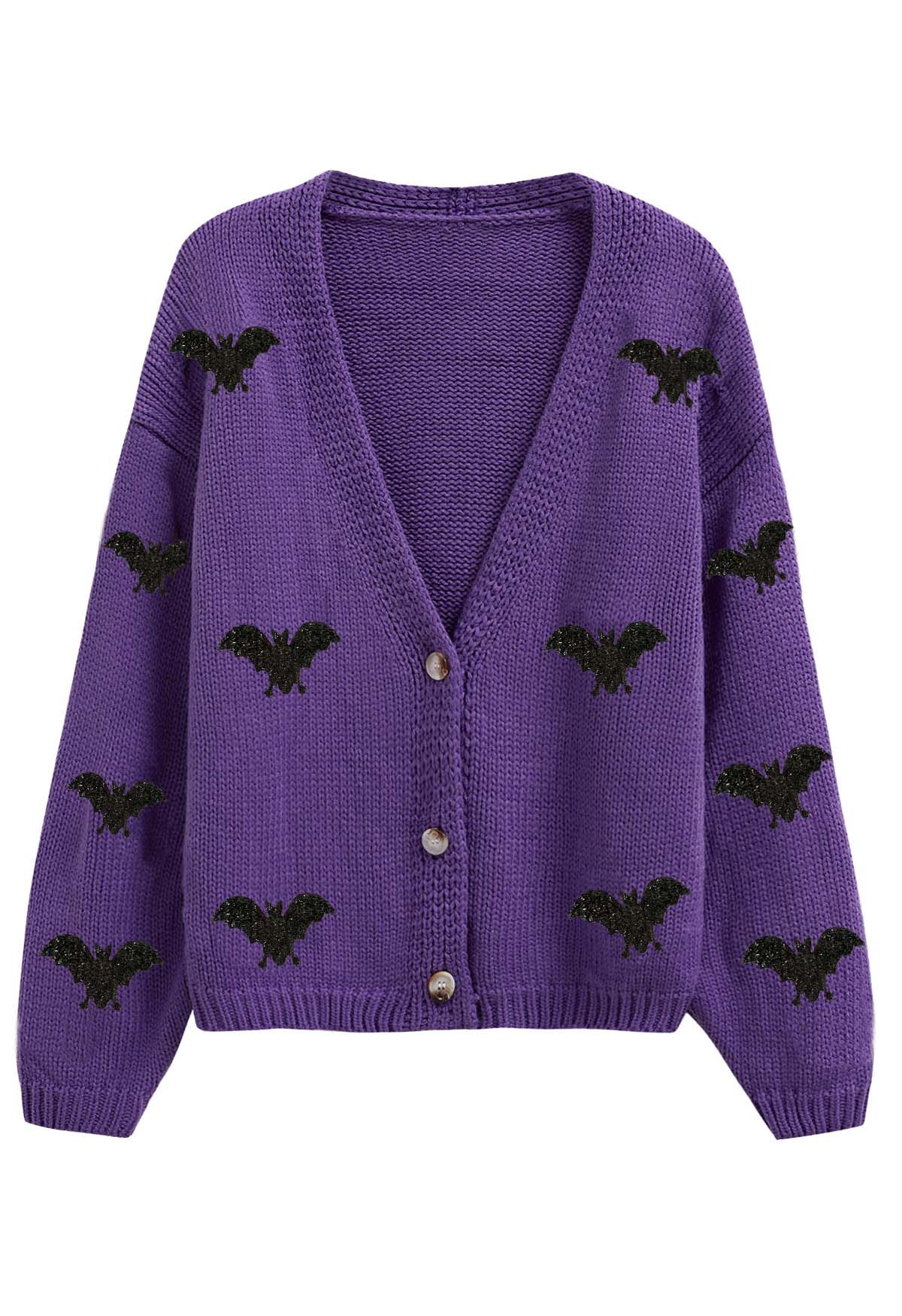 Mystic Bats Patch Buttoned Knit Cardigan in Purple