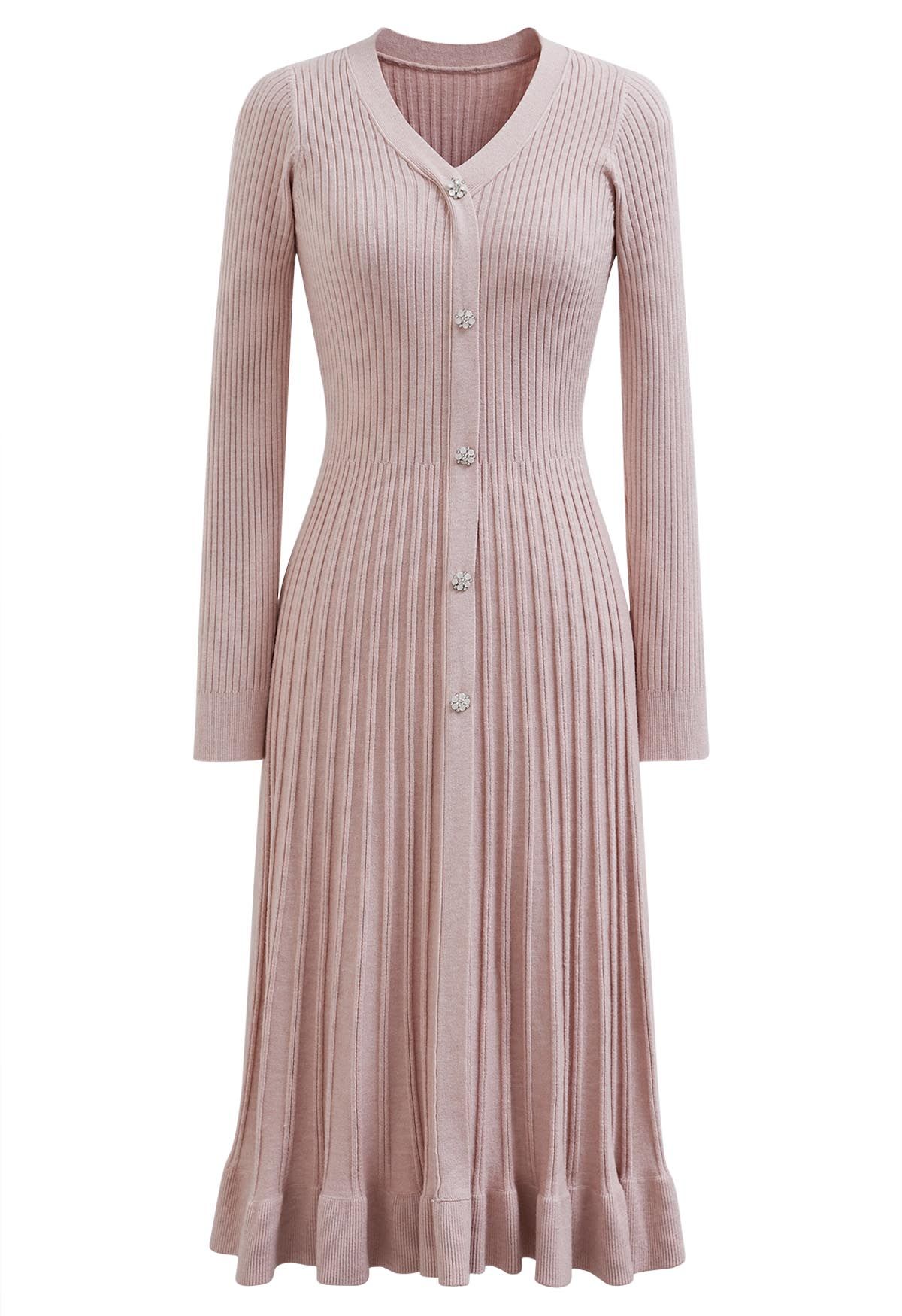 Button Front Ribbed Knit A-line Midi Dress in Pink