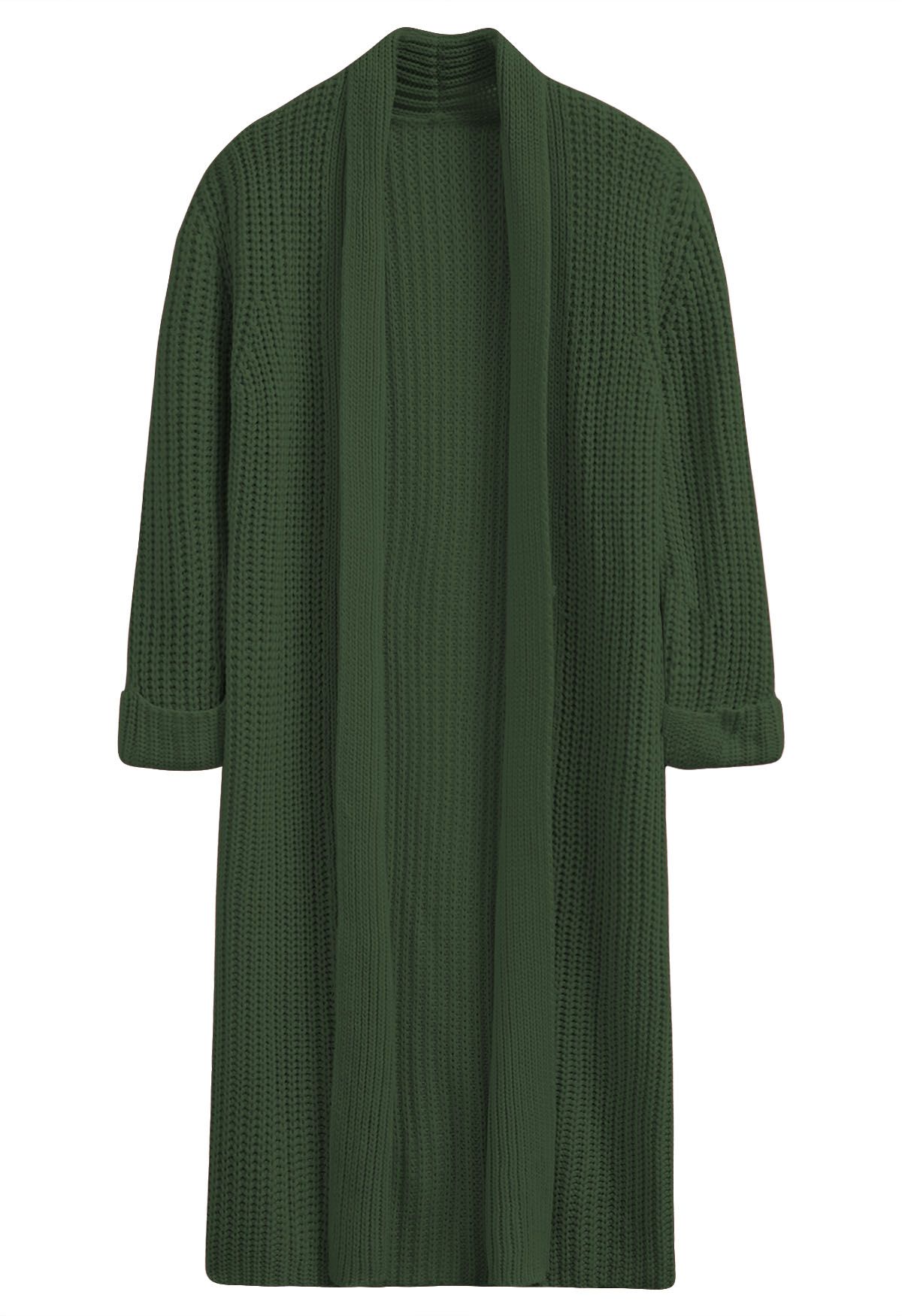 Swanky Open Front Longline Knit Cardigan in Dark Green