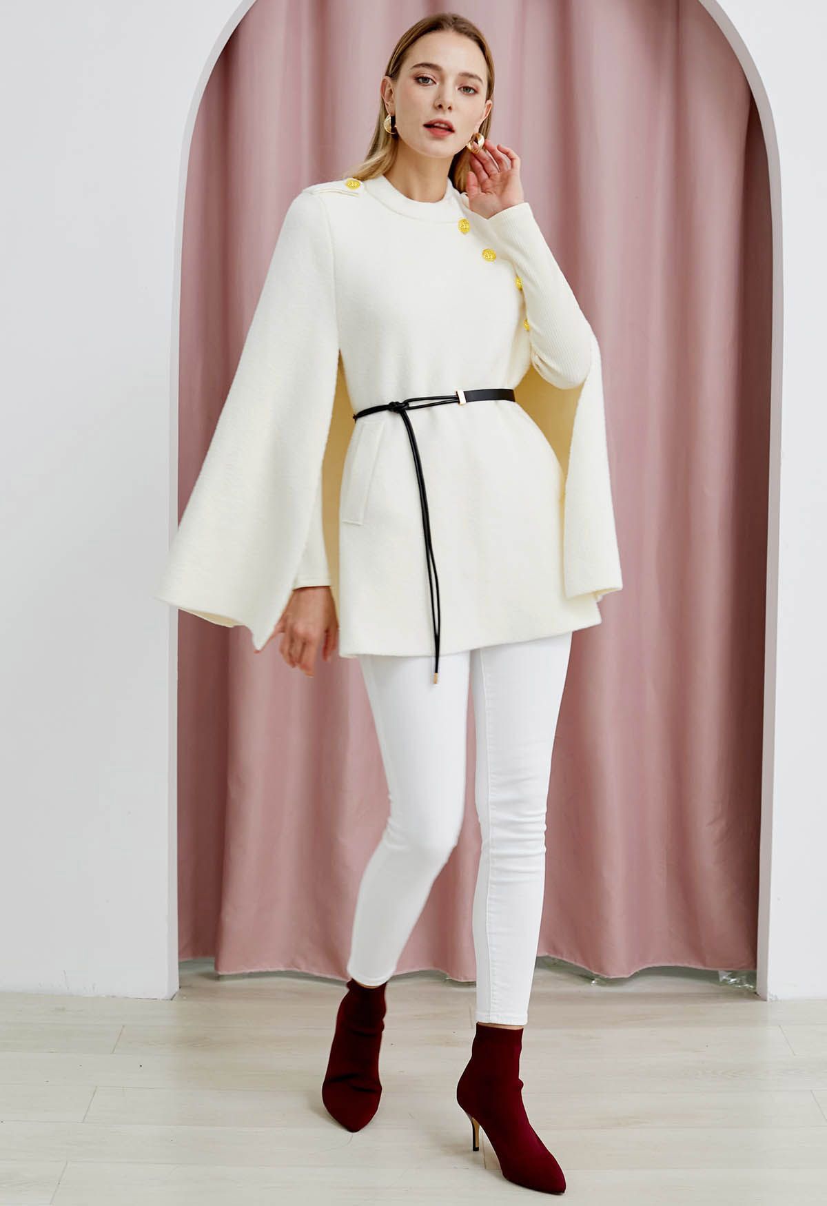 Golden Button Belted Cape Coat in Ivory