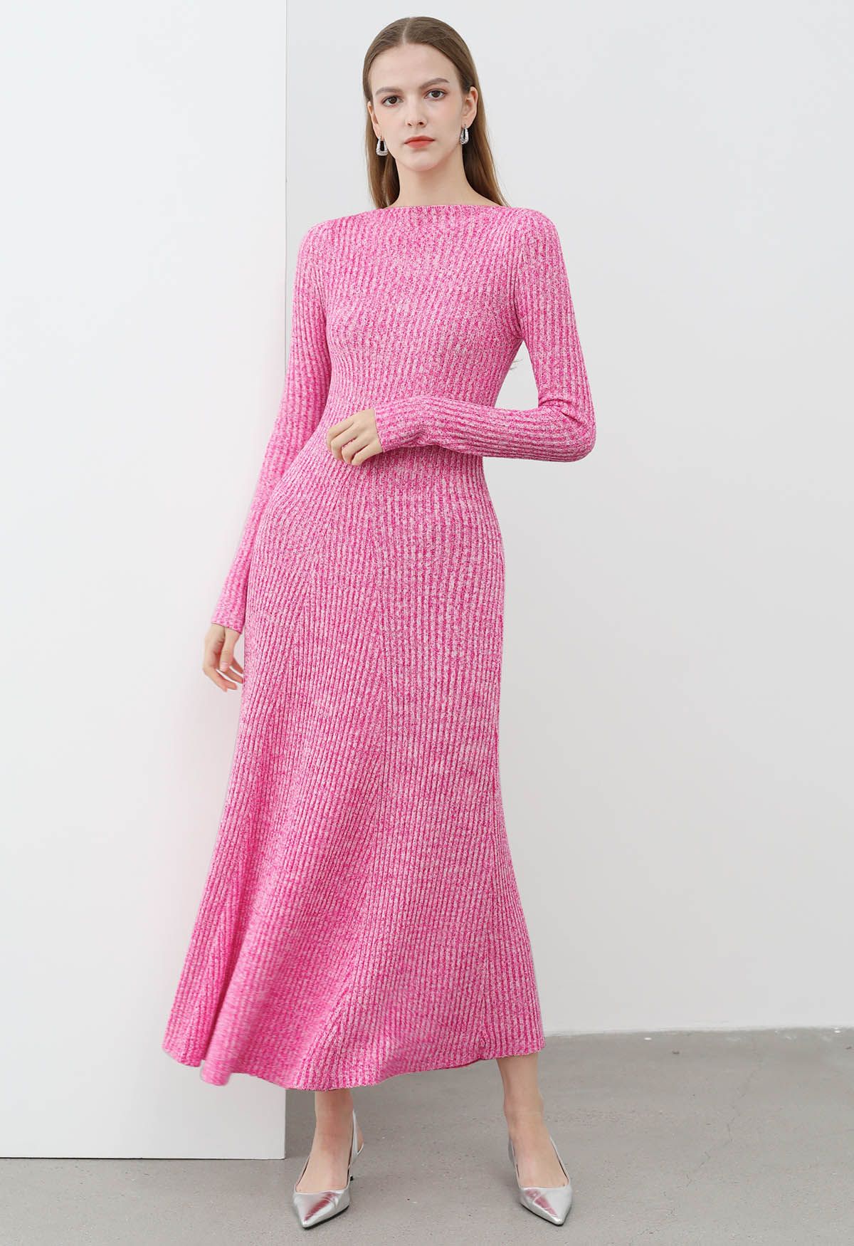 Solid Color Frilling Maxi Dress in Hot Pink