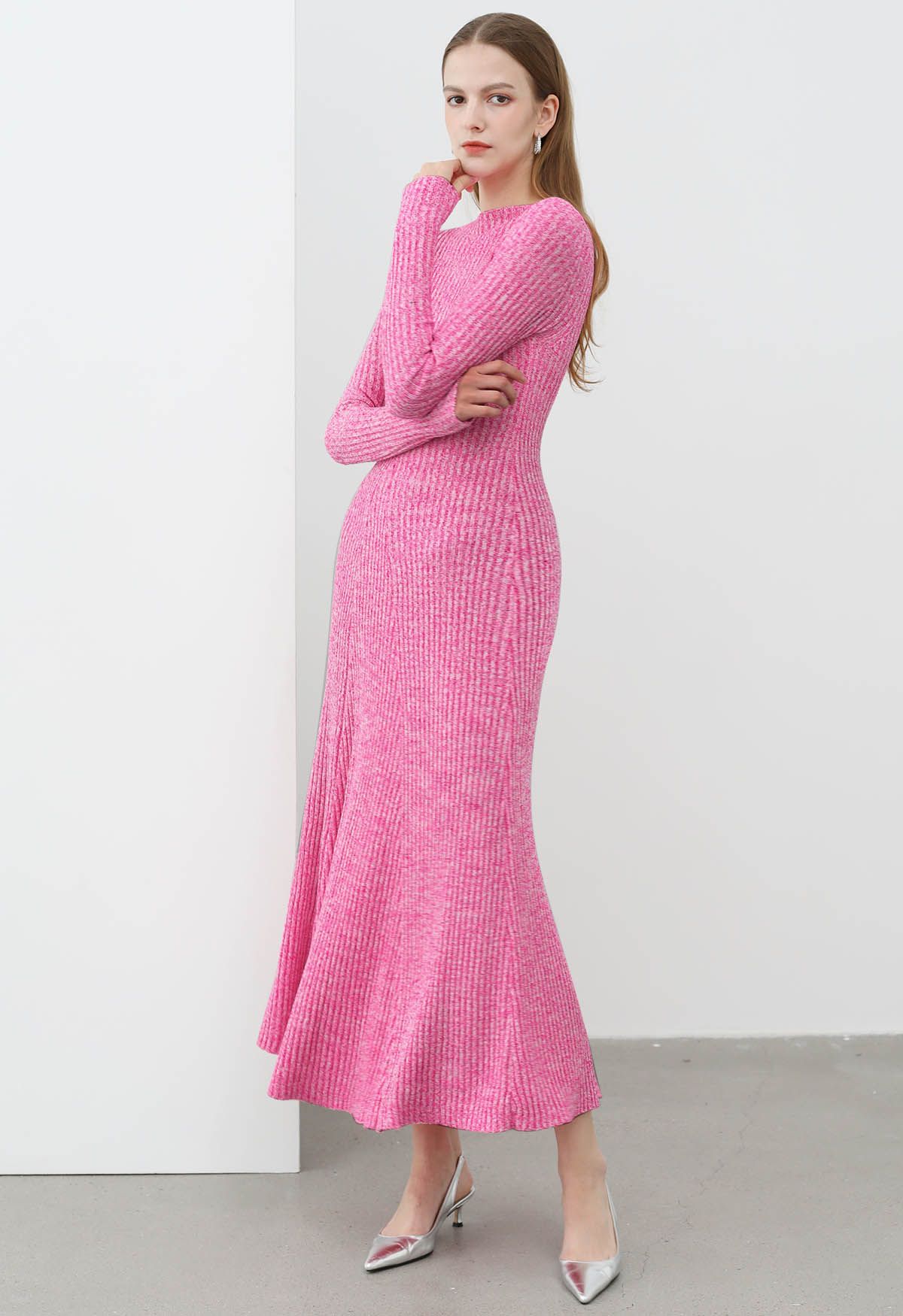 Solid Color Frilling Maxi Dress in Hot Pink