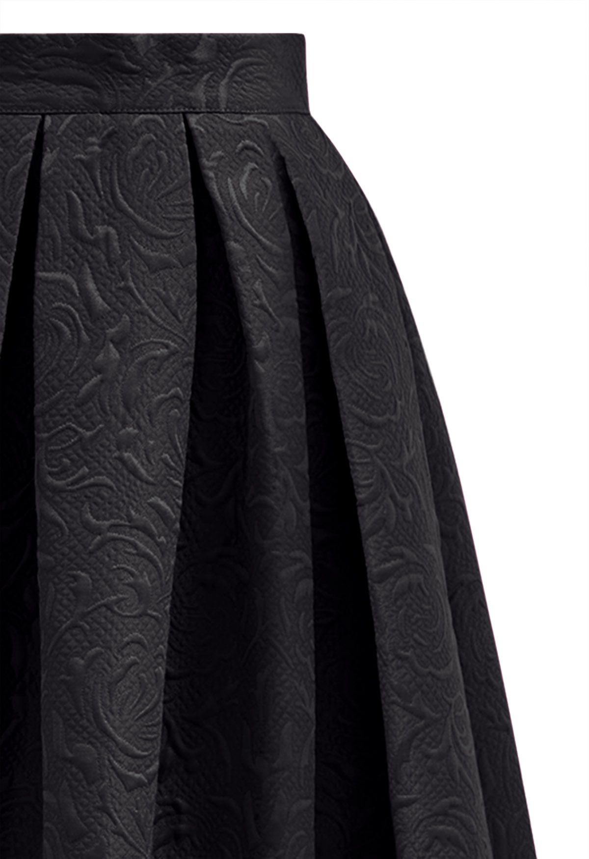 Embossed Floral Pleated Flare Midi Skirt in Black