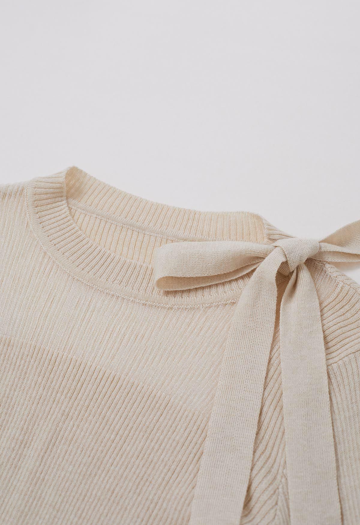 Mesh Inserted Side Bowknot Fitted Knit Top in Oatmeal
