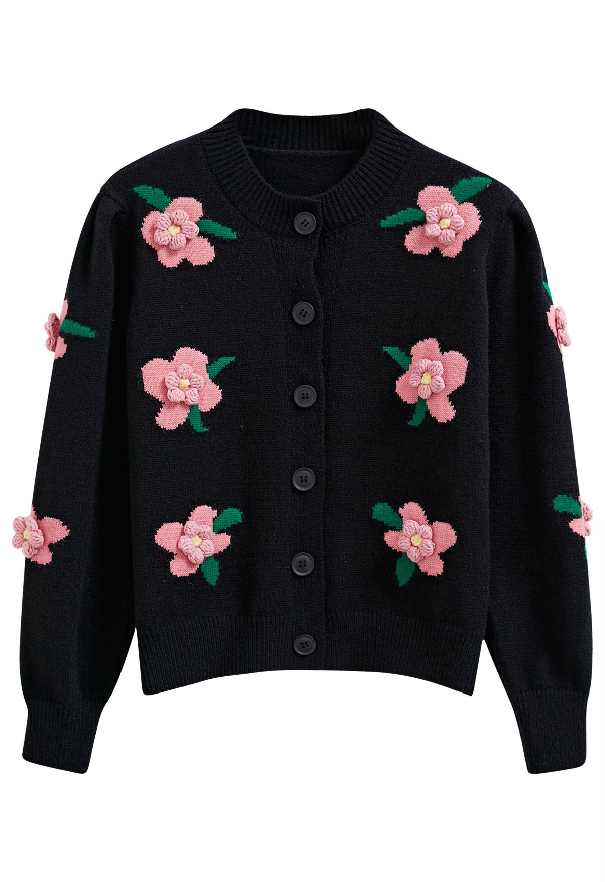 3D Stitch Flower Embroidered Button Down Cardigan in Black