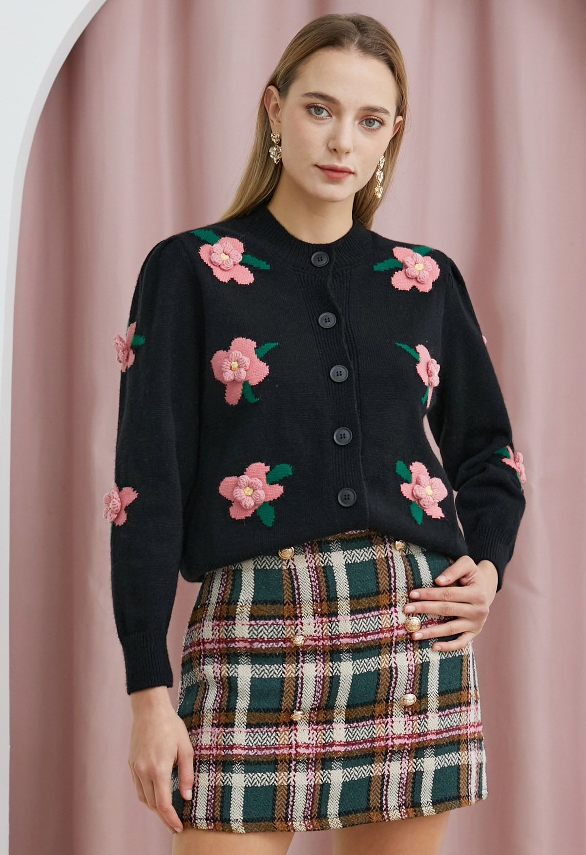 3D Stitch Flower Embroidered Button Down Cardigan in Black