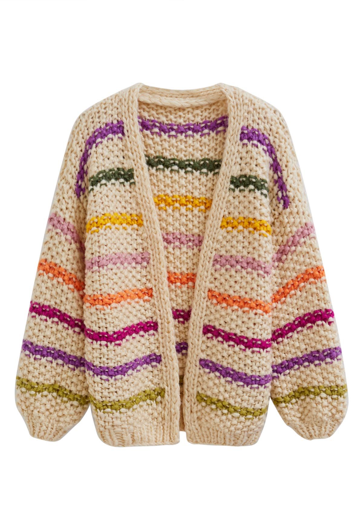 Colorful Stripe Open Front Hand Knit Cardigan