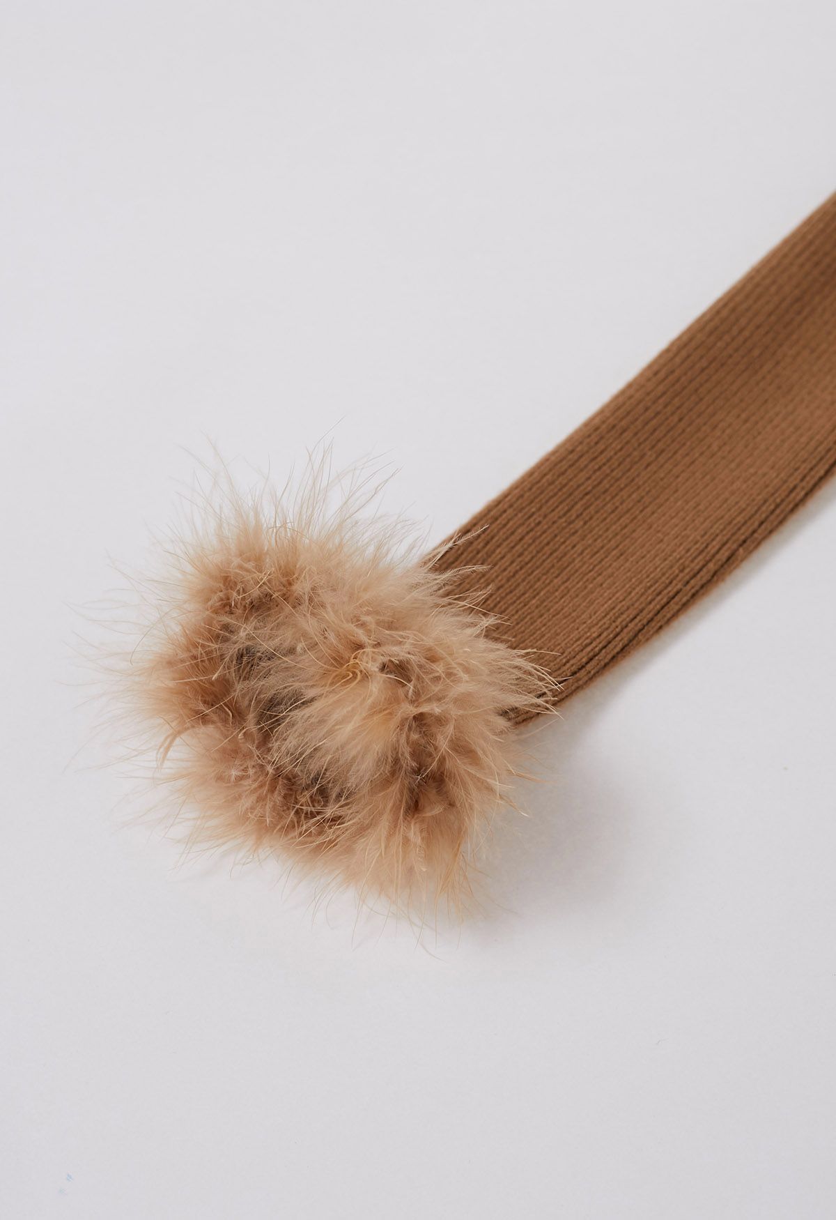 Wavy Neckline Feather Trim Cuffs Knit Top in Tan