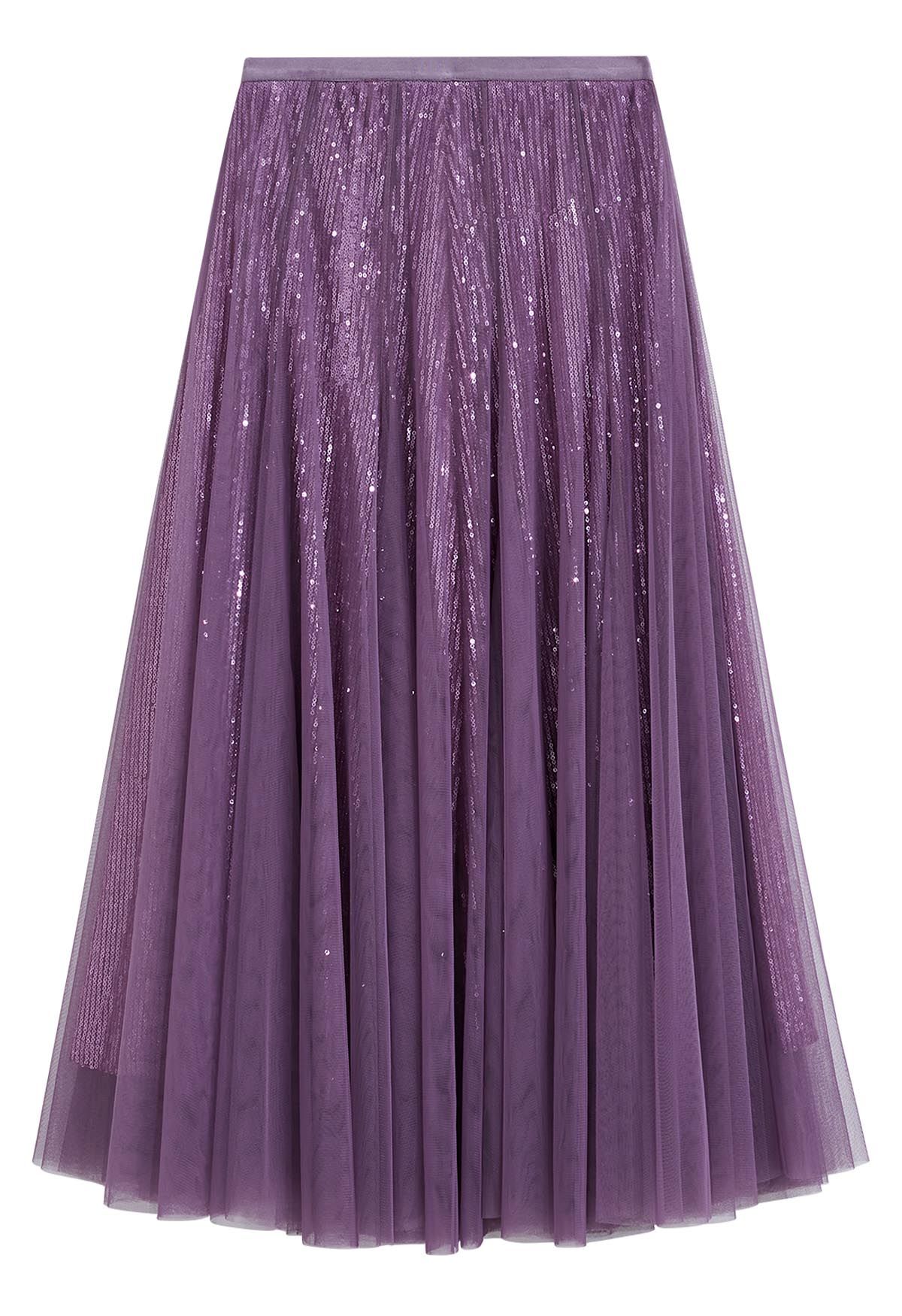 Ravishing Sequins Mesh Tulle Midi Skirt in Purple