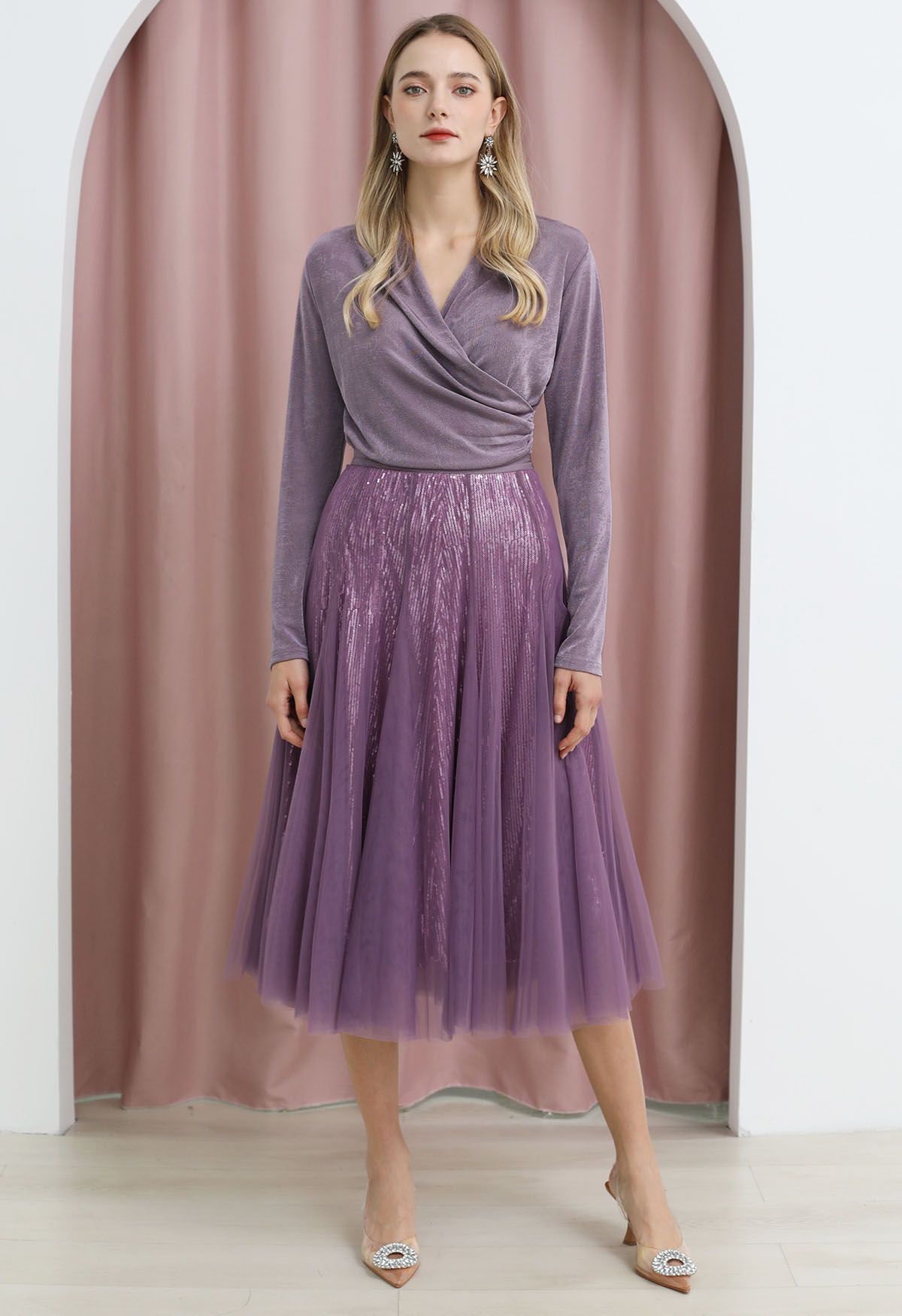 Ravishing Sequins Mesh Tulle Midi Skirt in Purple