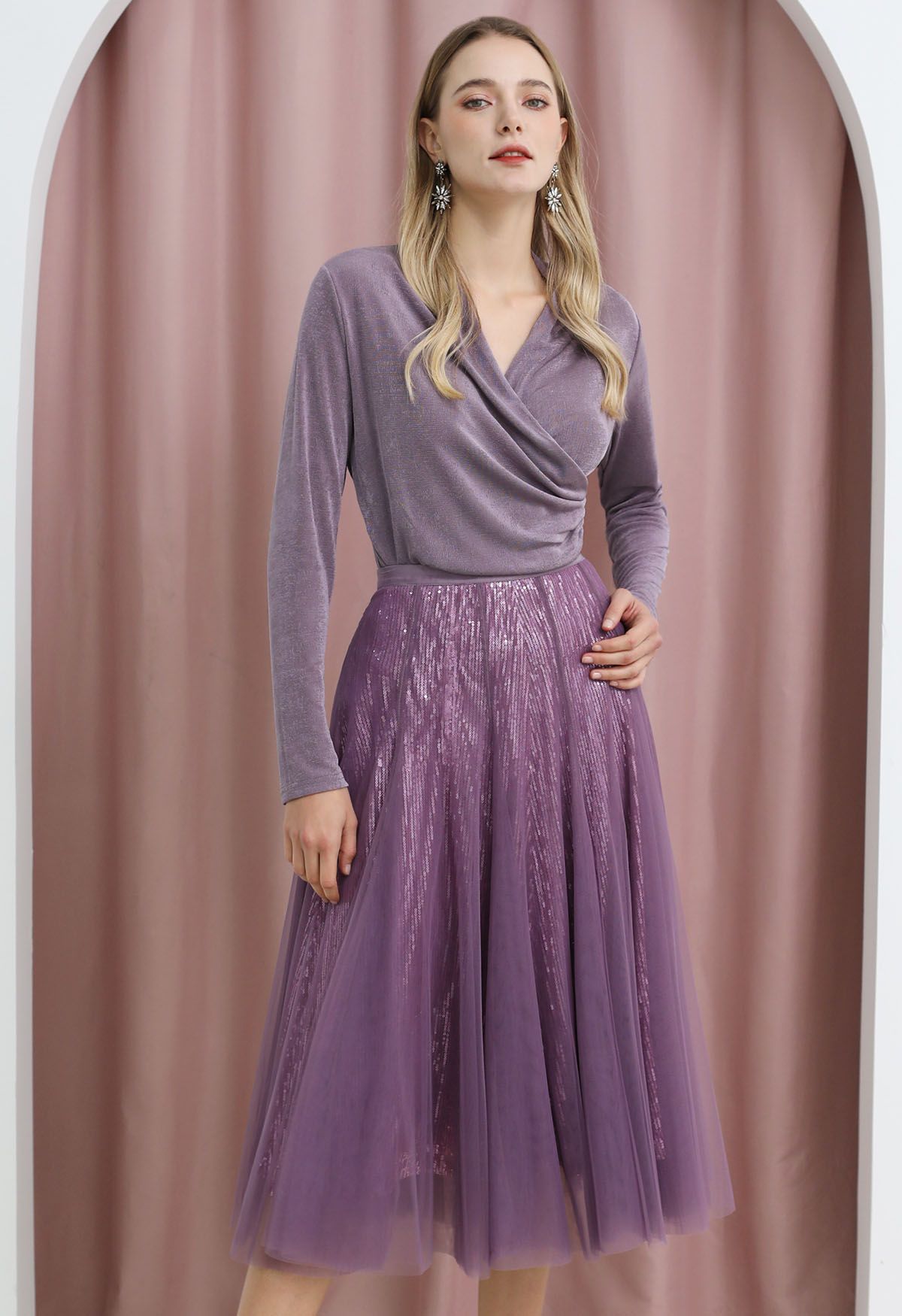 Ravishing Sequins Mesh Tulle Midi Skirt in Purple