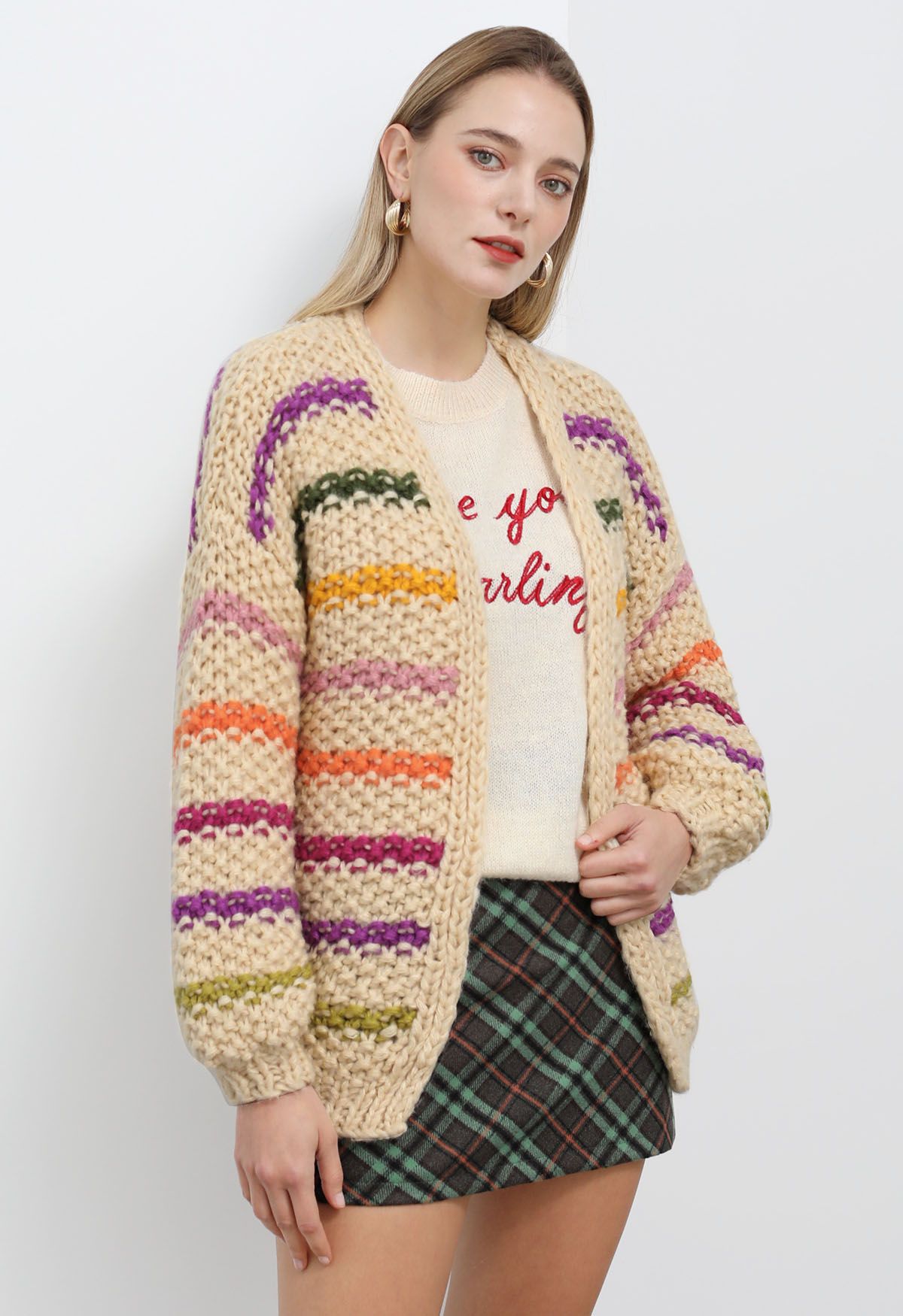 Colorful Stripe Open Front Hand Knit Cardigan