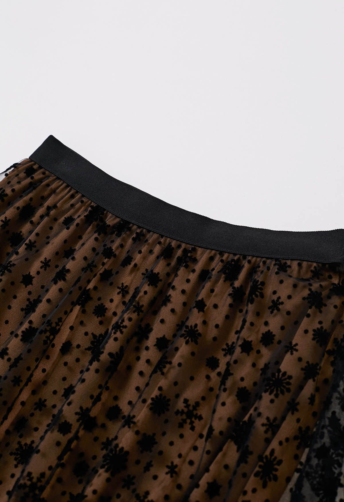 Velvet Snowflake Mesh Tulle Midi Skirt in Tan