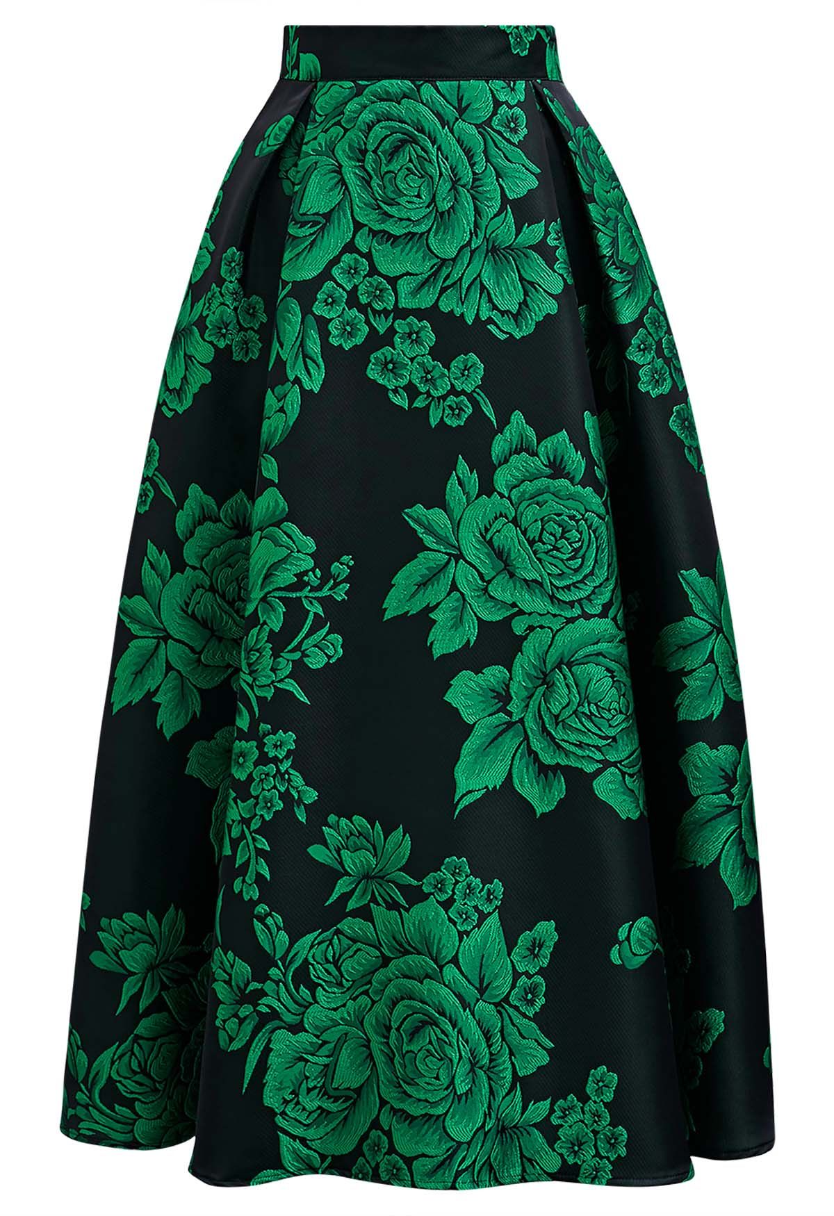 Emerald Blossom Jacquard A-Line Maxi Skirt