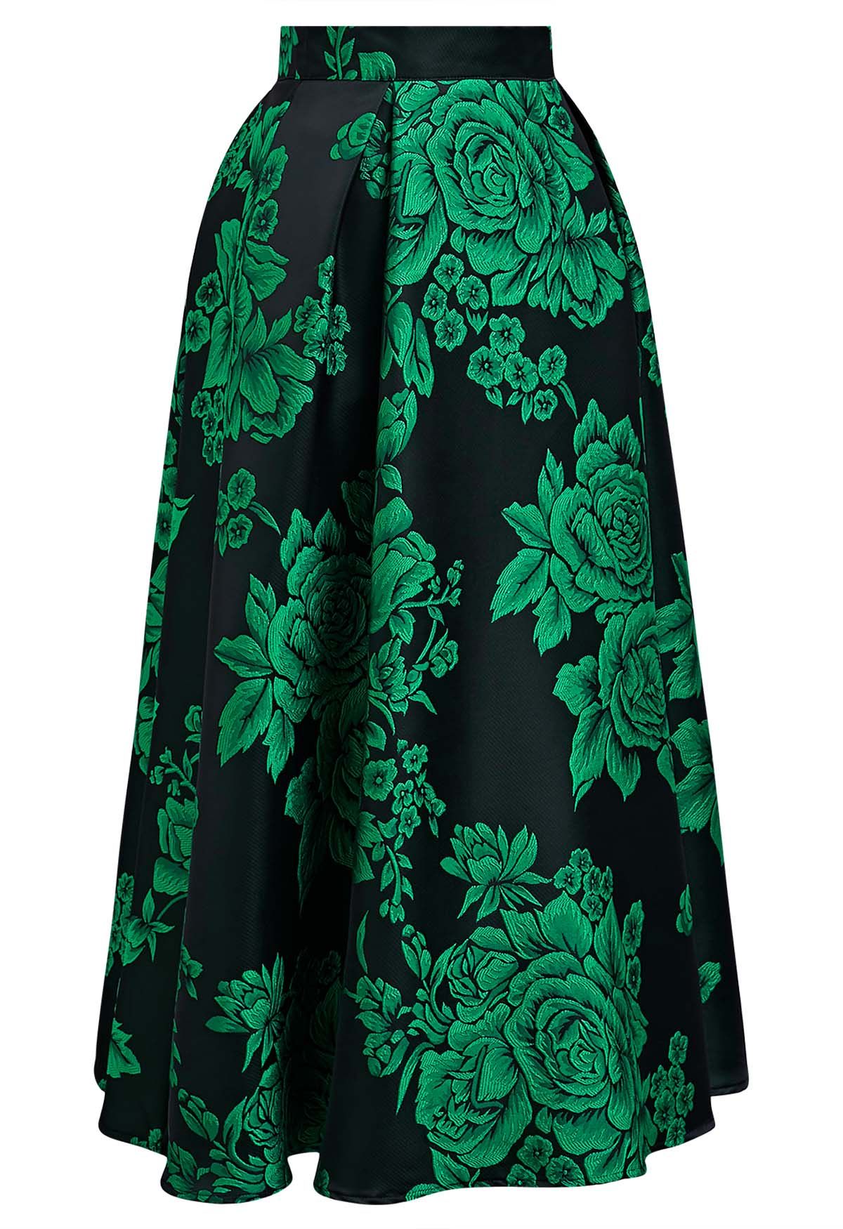 Emerald Blossom Jacquard A-Line Maxi Skirt