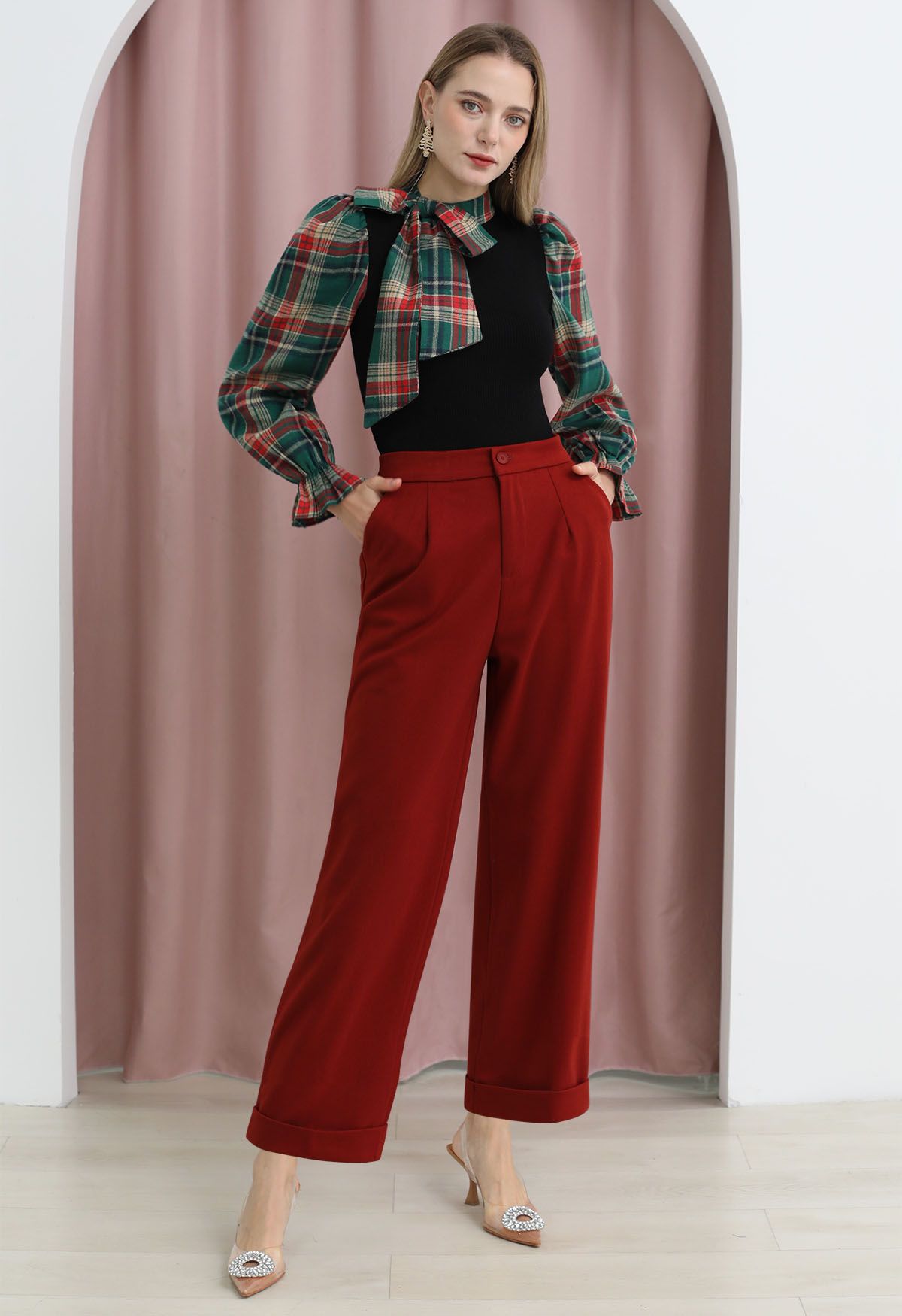 Comfy Chunky Straight-Leg Cuffed Pants in Rust Red