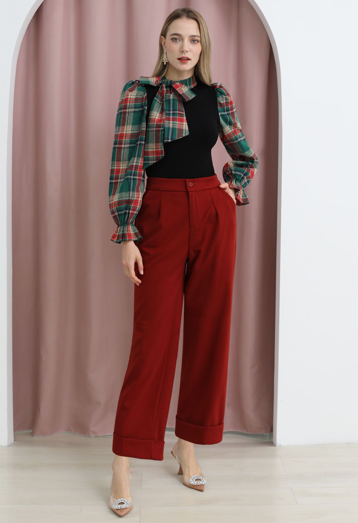 Comfy Chunky Straight-Leg Cuffed Pants in Rust Red