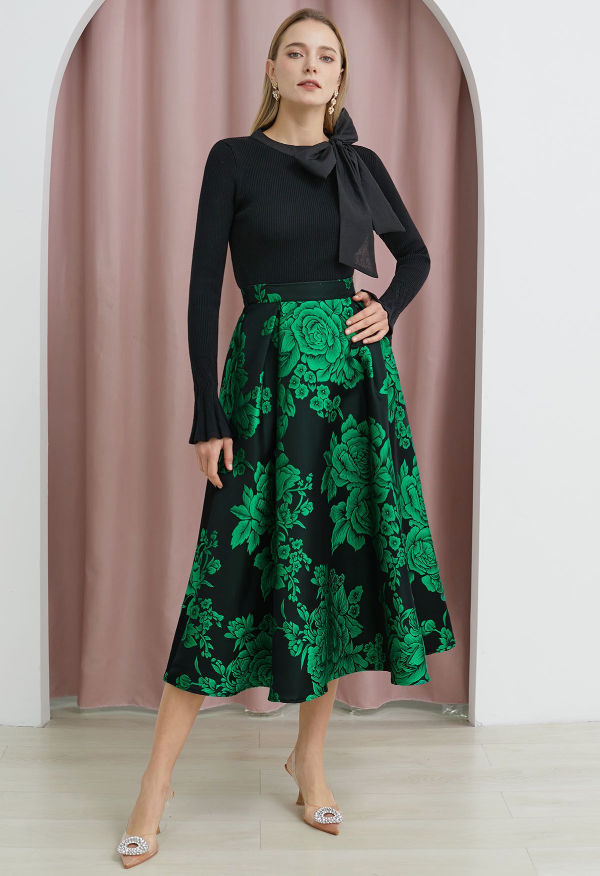 Emerald Blossom Jacquard A-Line Maxi Skirt