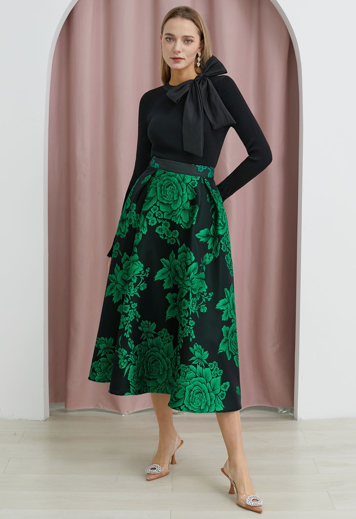 Emerald Blossom Jacquard A-Line Maxi Skirt