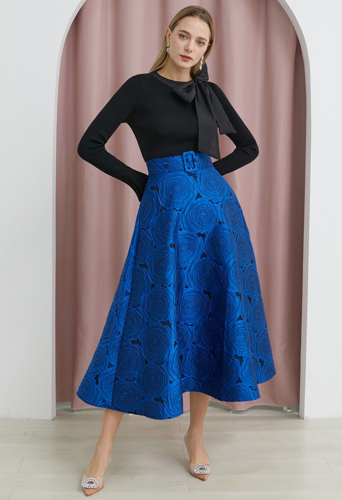 Midnight Rose Jacquard Flare Maxi Skirt