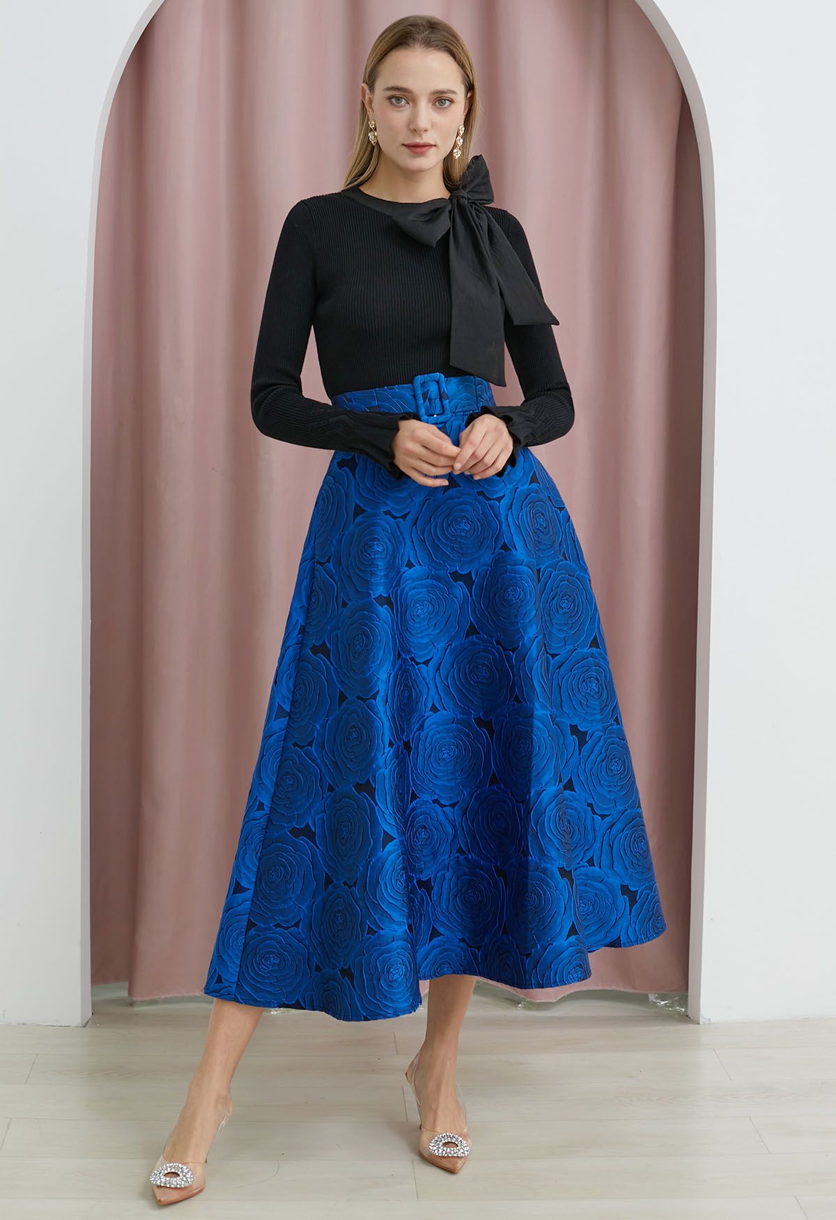 Midnight Rose Jacquard Flare Maxi Skirt