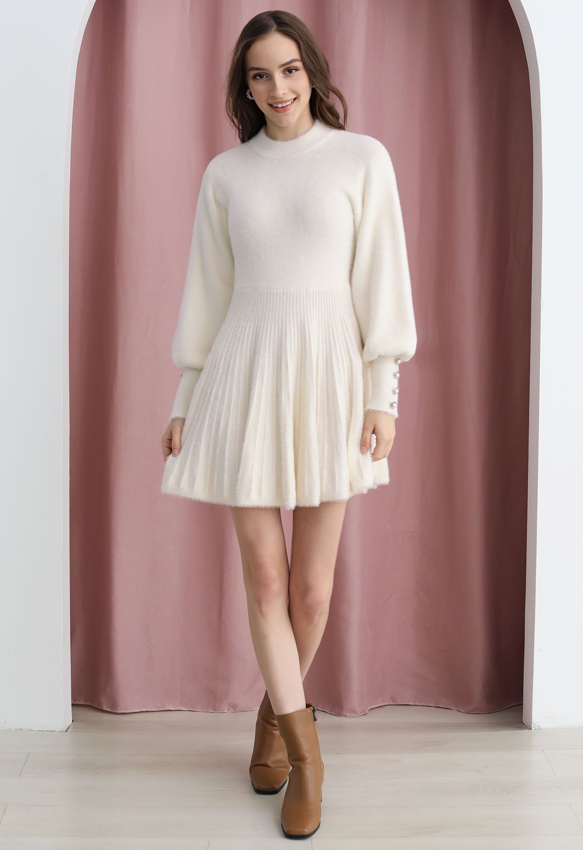 Extra Soft Fuzzy Knit Pleated Dress in Cream