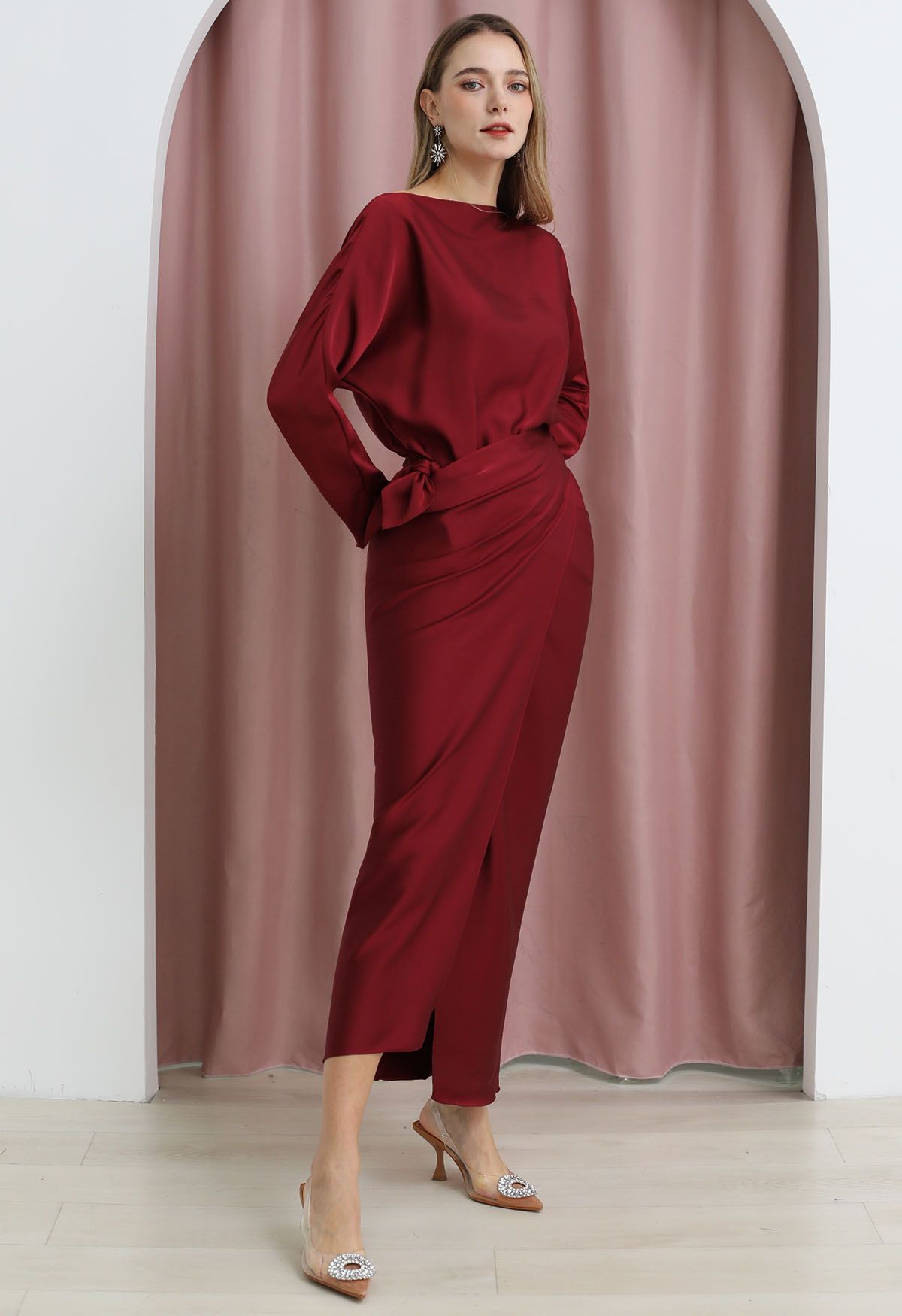 Satin Boat Neck Wrapped Waist Maxi Dress in Red