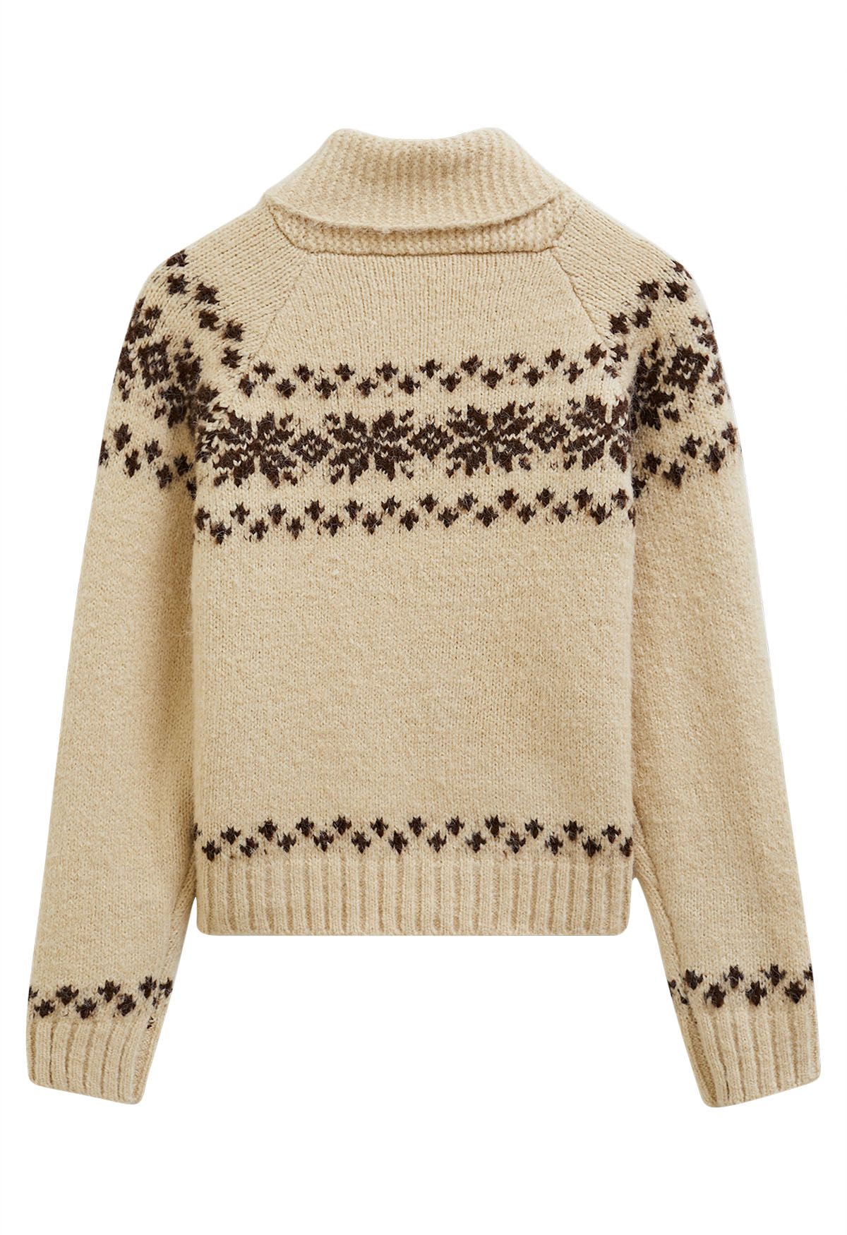 Fair Isle Zipper Knit Sweater in Sand