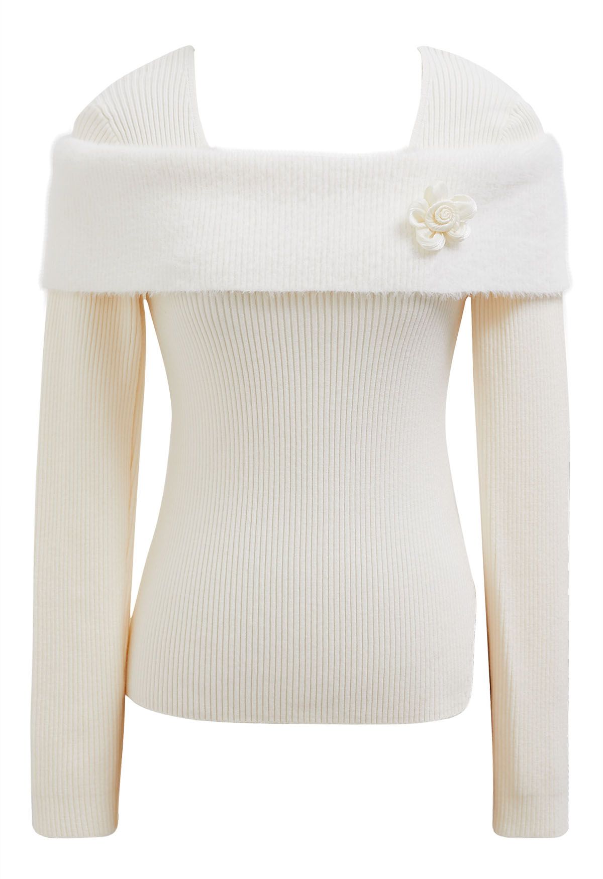 Folded Shoulder Flower Brooch Knit Top in Cream