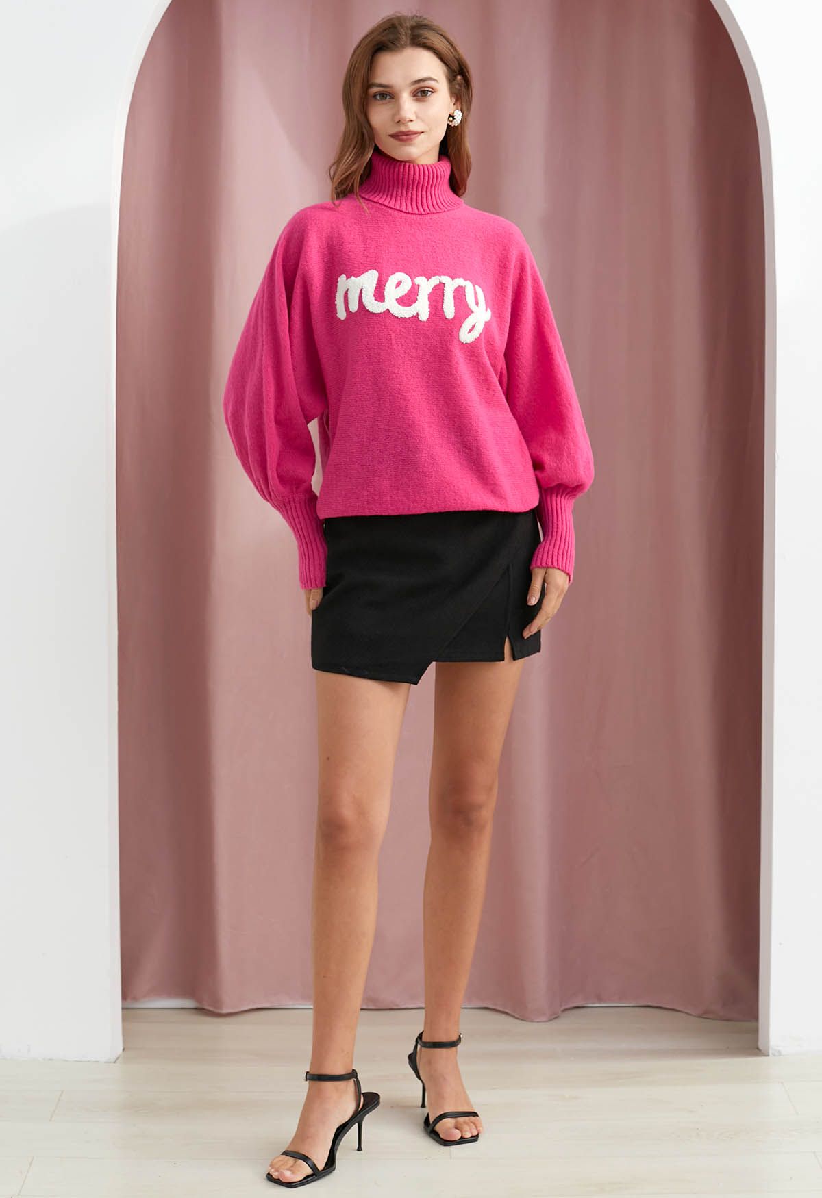 Merry Turtleneck Batwing Sleeve Knit Sweater in Hot Pink
