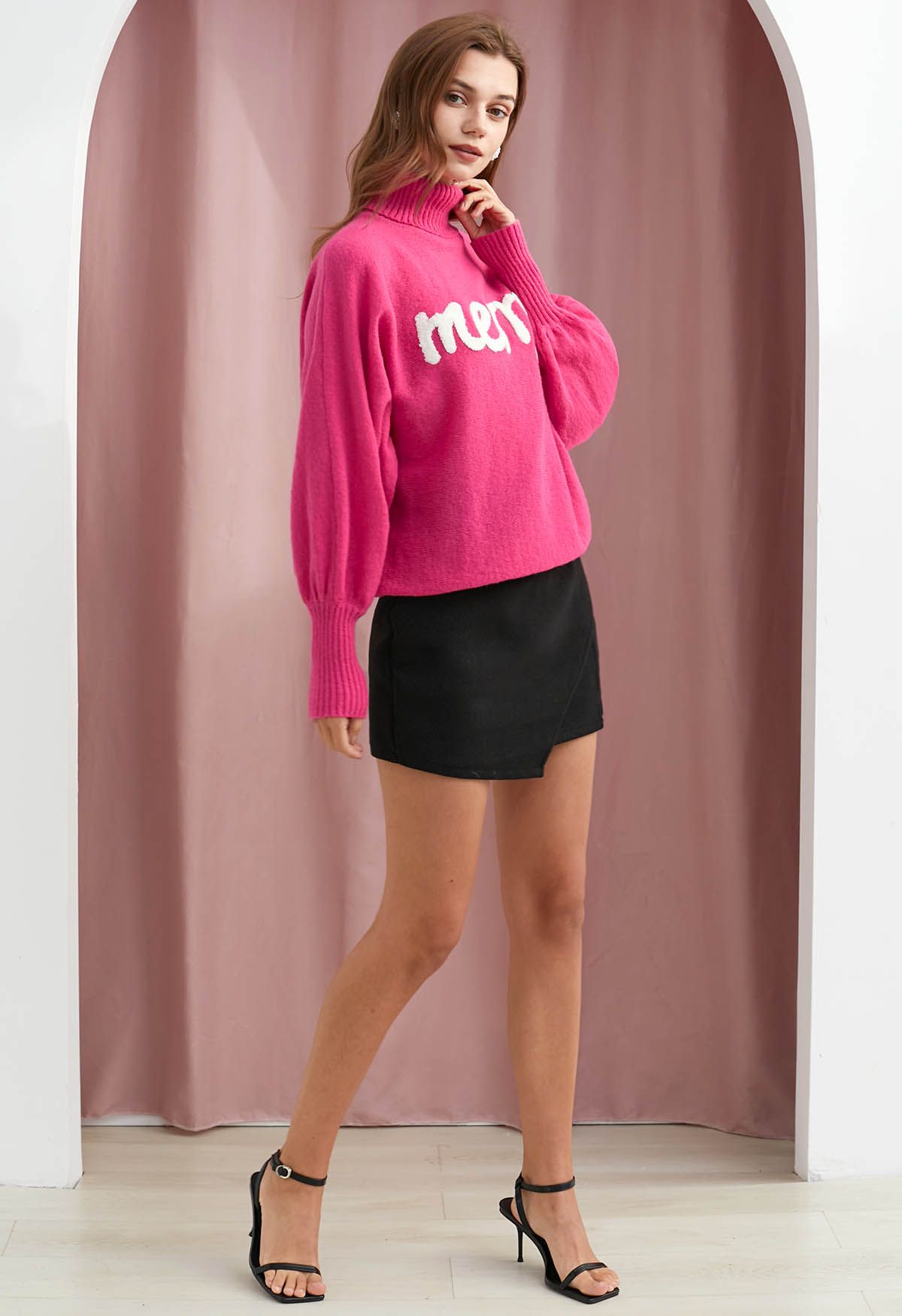 Merry Turtleneck Batwing Sleeve Knit Sweater in Hot Pink