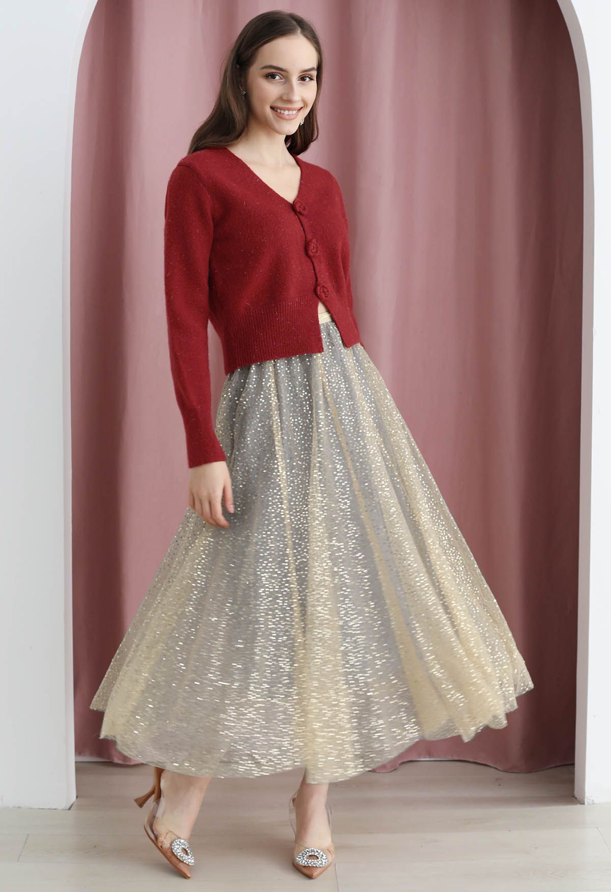 Shimmer Sequins Embroidered Mesh Tulle Pleated Skirt 