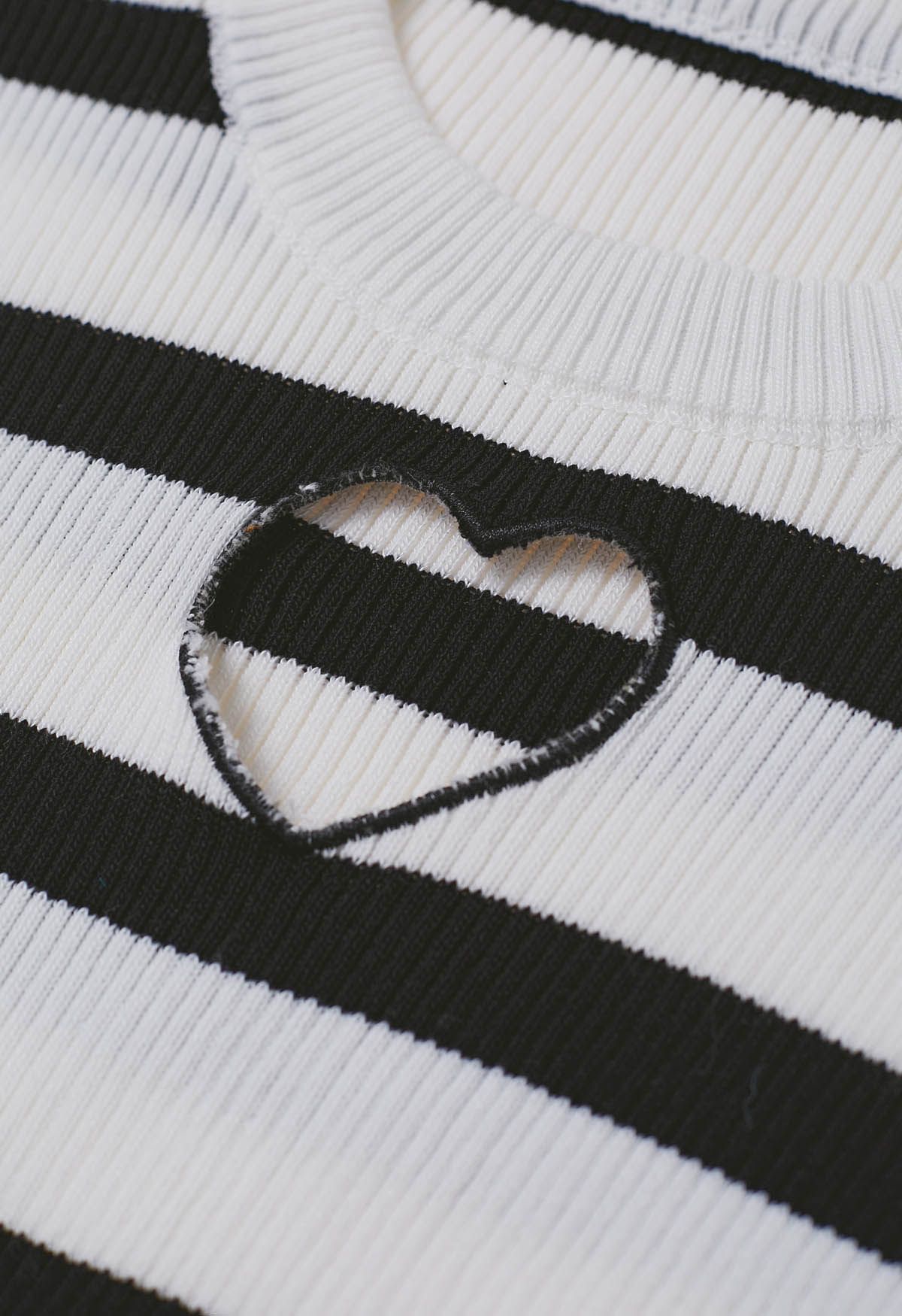 Heart Cut Out Stripe Knit Top in Black