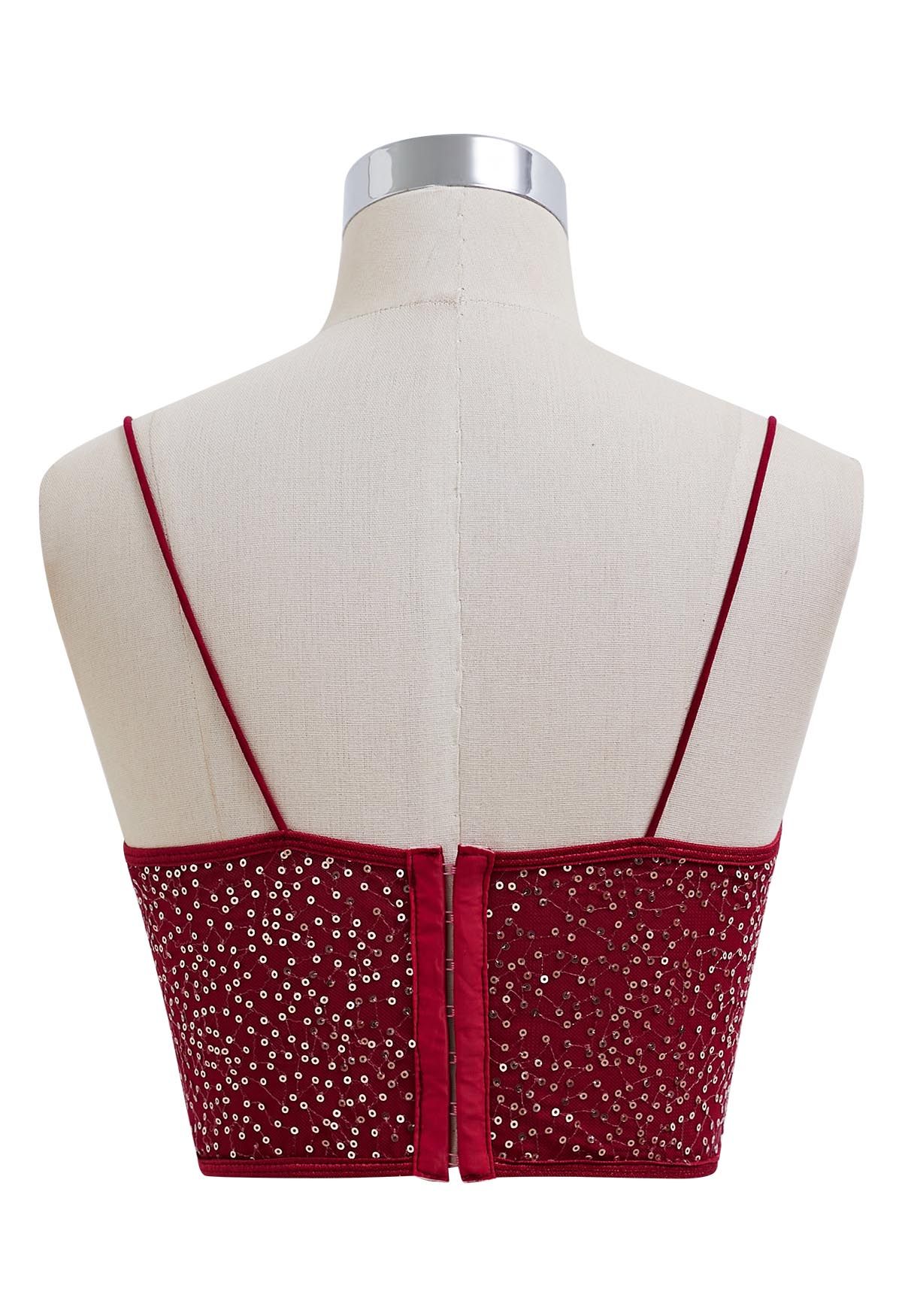 Sequin Embroidered Corset Bustier Top in Burgundy