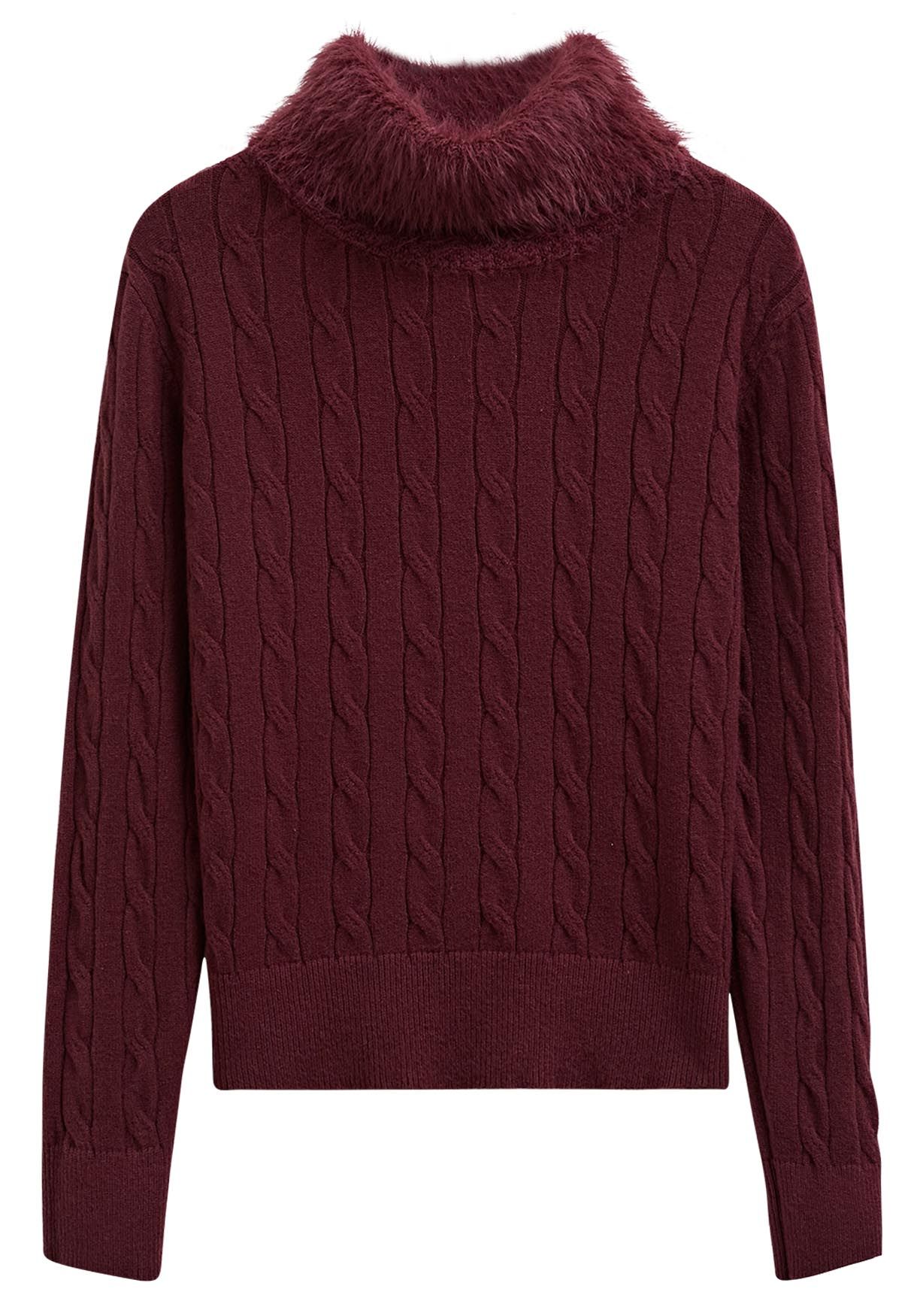 Soft Fuzzy Turtleneck Cable Knit Sweater in Burgundy