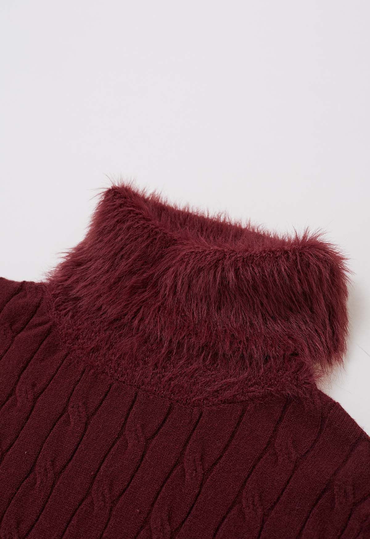 Soft Fuzzy Turtleneck Cable Knit Sweater in Burgundy