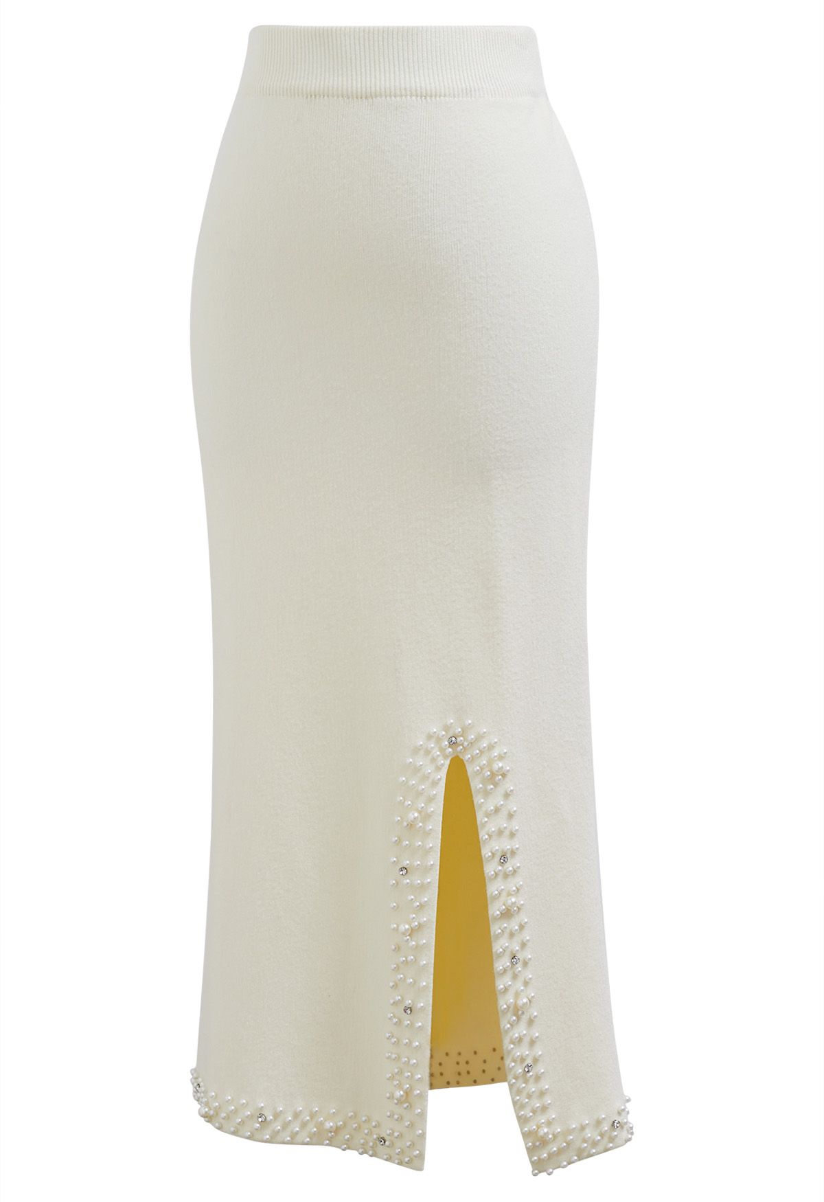 Pearl Embellished Slit Hem Knit Pencil Skirt in Cream