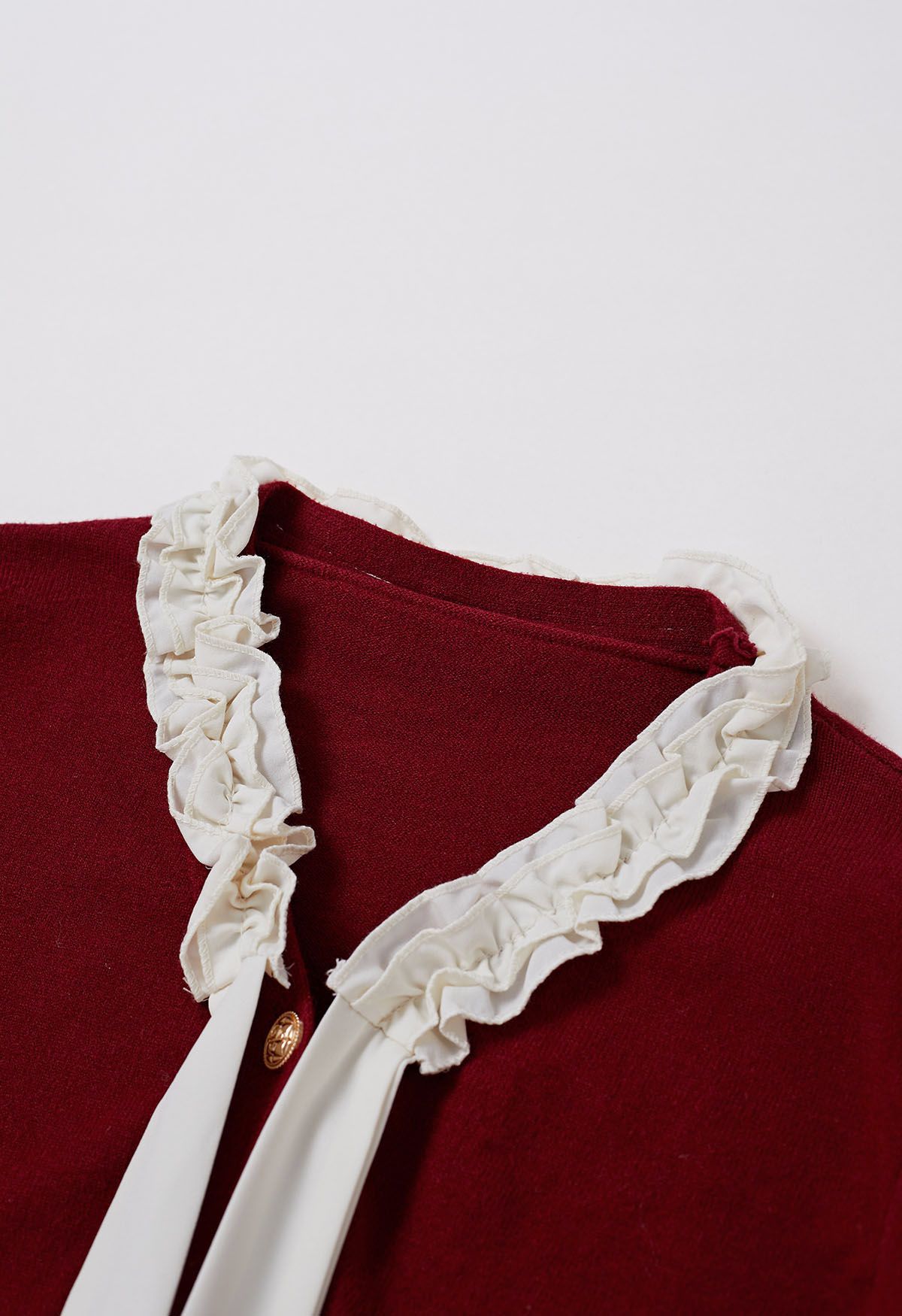 Ruffle Tie-Bow Wool-Blend Buttoned Top in Burgundy